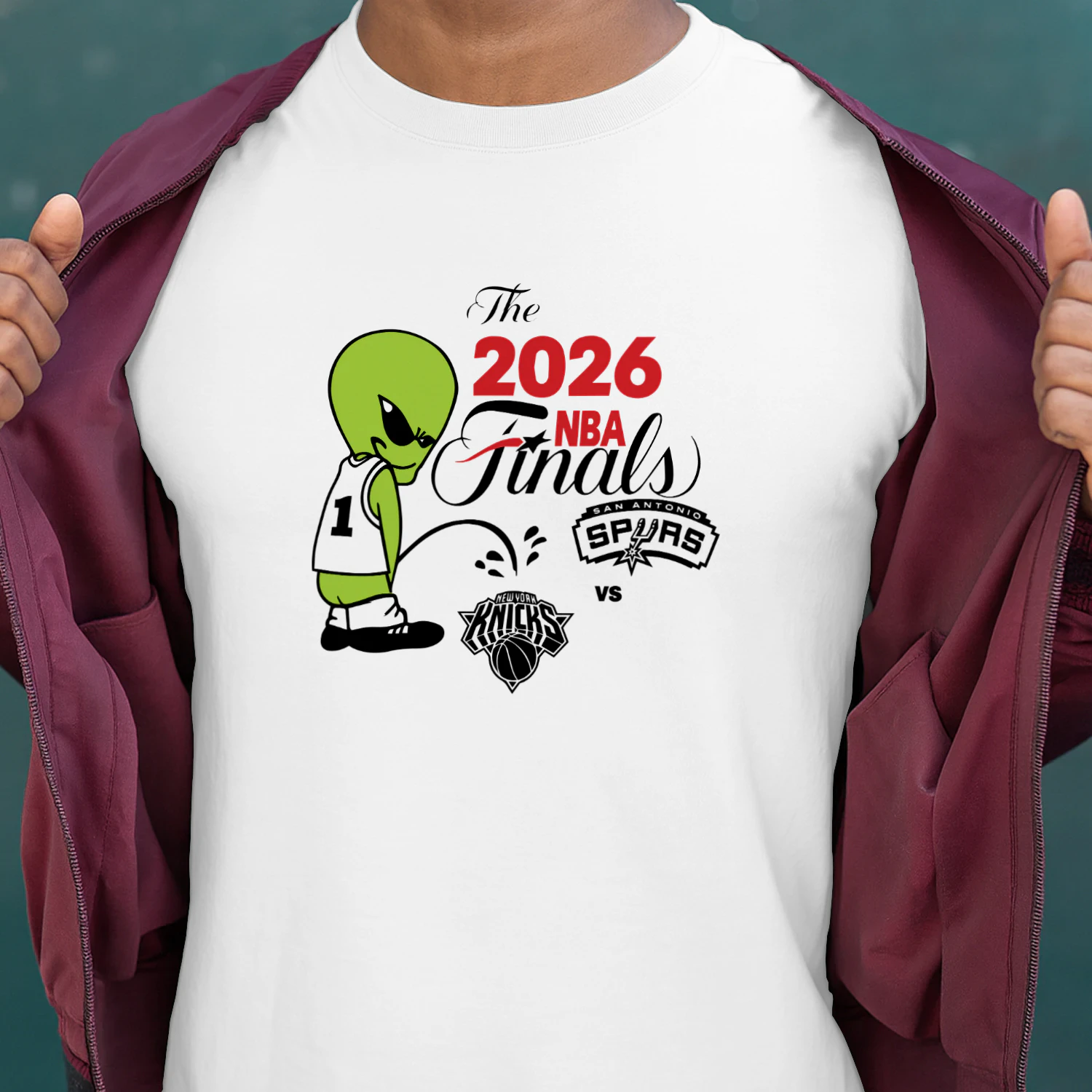 2026 NBA Finals Spurs Wemby Alien Pee On Knicks Shirt