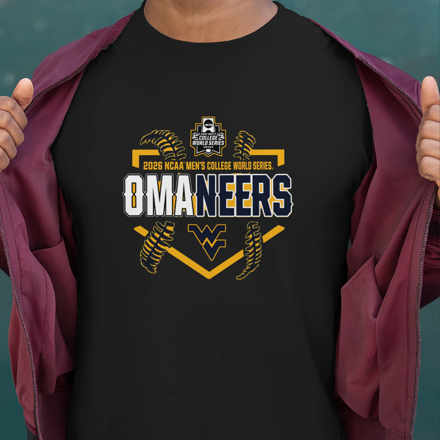 Omaneers Omaha Bound WVU Baseball 2026 NCAA Men's College World Series 2 sided shirt