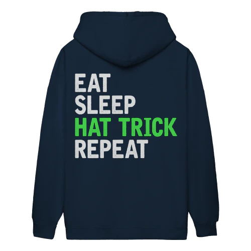 Eat Sleep Hat Trick Repeat - Funny Retro Distressed Hockey Slogan Graphic