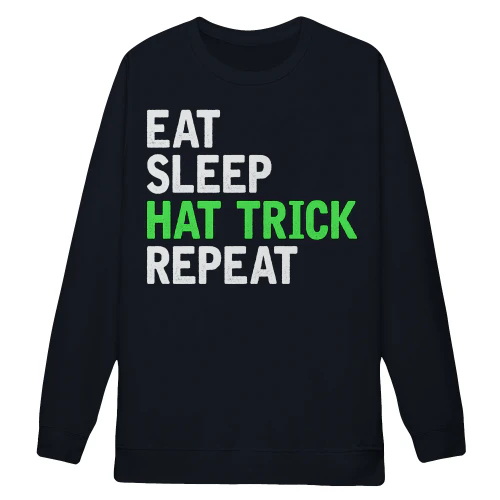 Eat Sleep Hat Trick Repeat - Funny Retro Distressed Hockey Slogan Graphic