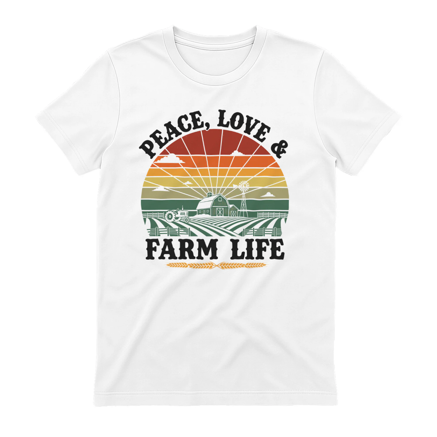 Peace Love Farm Life - Retro Sunset Landscape Agriculture Graphic