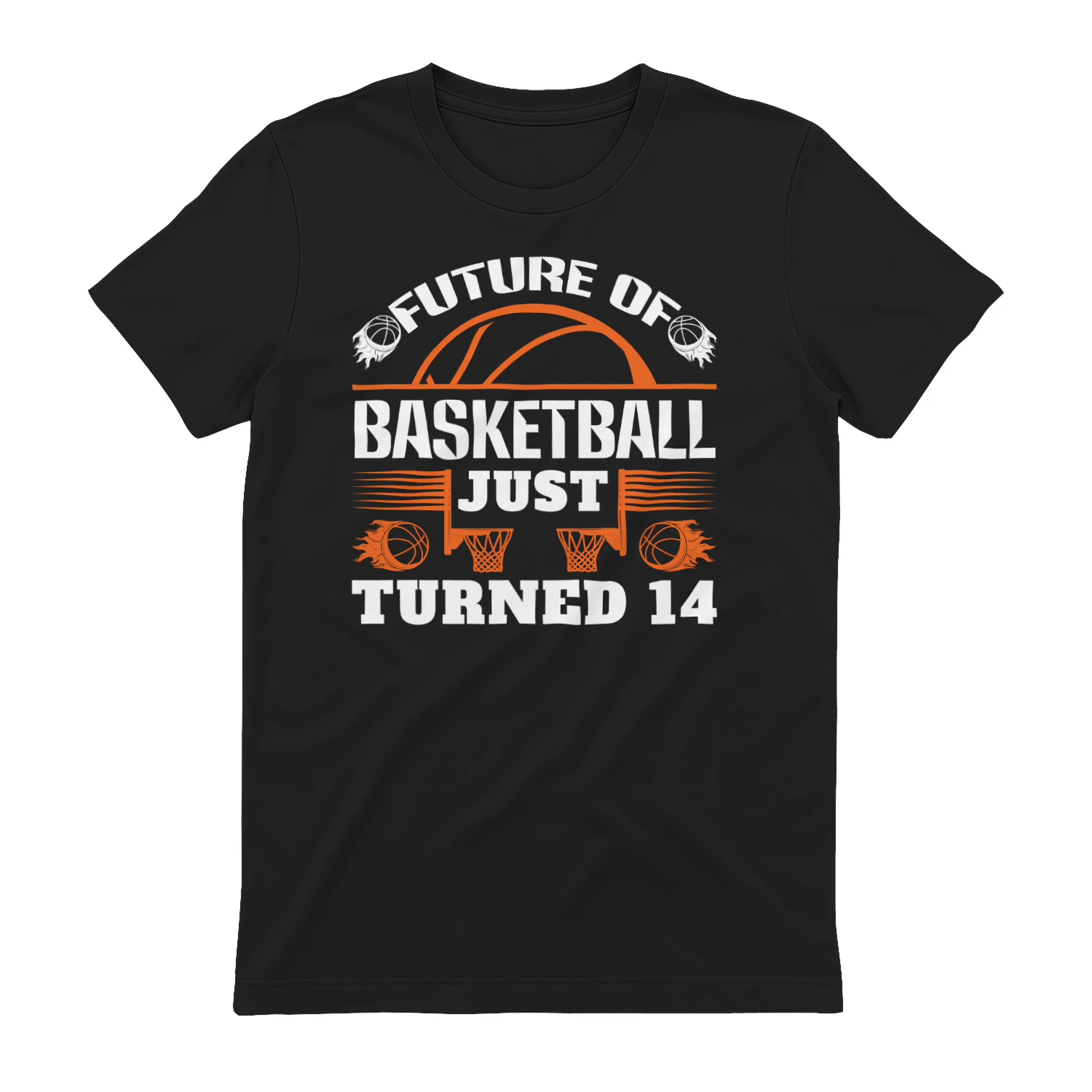 Future Of Basketball Just Turned 14 - Retro Flaming Hoops Birthday Graphic