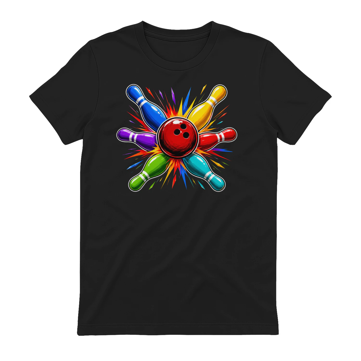 Colorful Explosive Bowling Pins Strike - Neon Bowler Graphic Design