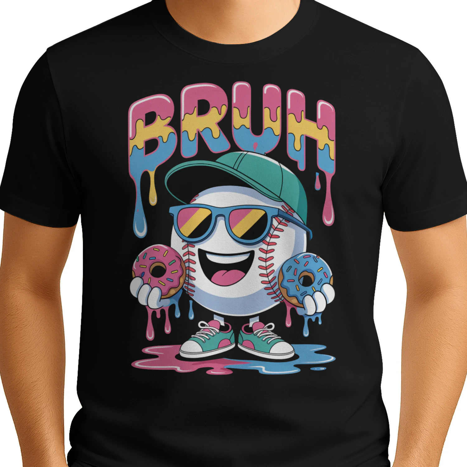 Bruh Cool Baseball Character With Donuts - Dripping Pastel Graffiti Graphic
