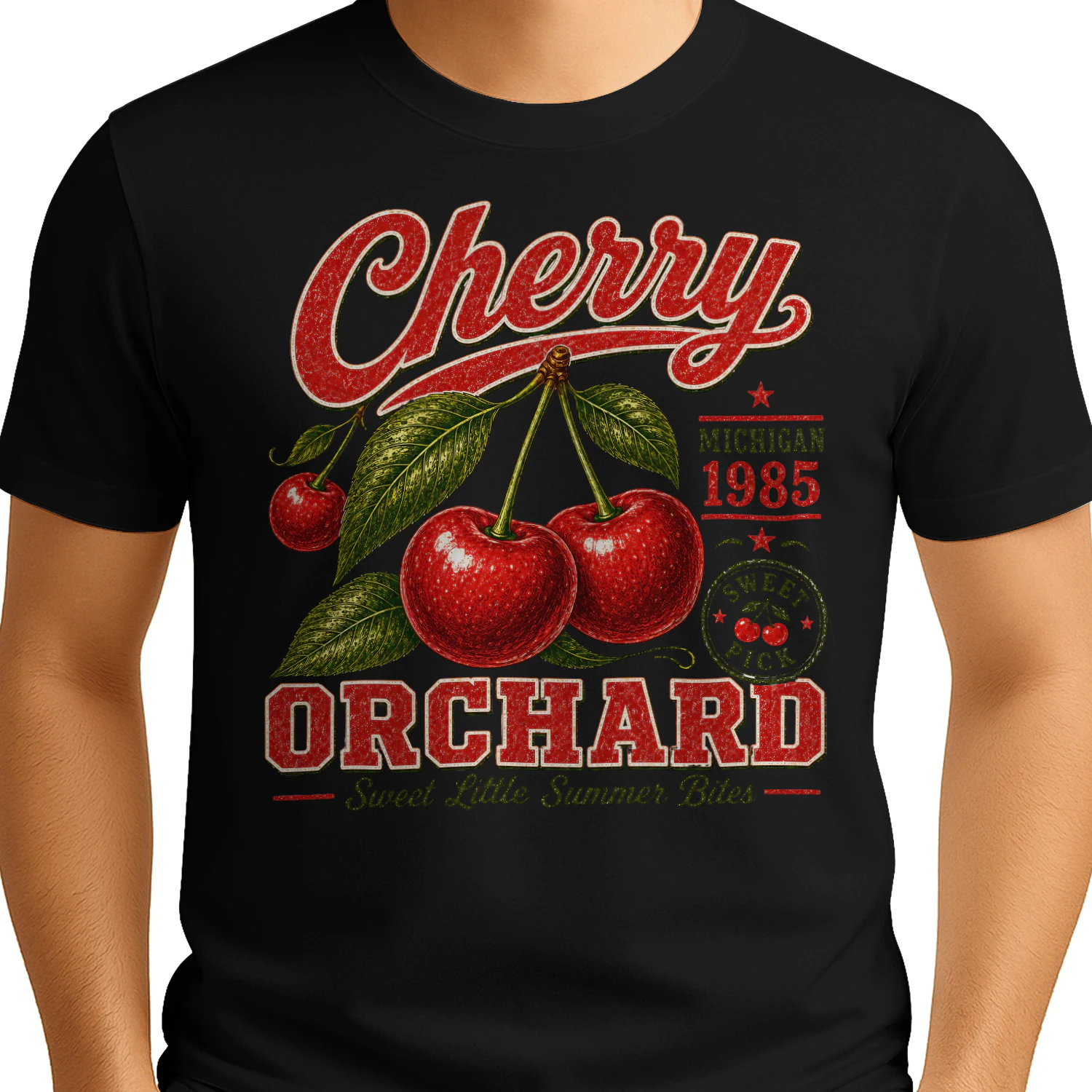 Cherry Orchard Michigan 1985 Vintage Fruit Graphic - Retro Summer Design