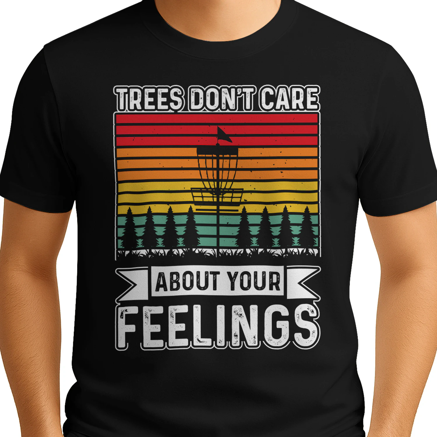 Trees Don't Care About Your Feelings Funny Disc Golf Quote - Retro Sunset Basket Design