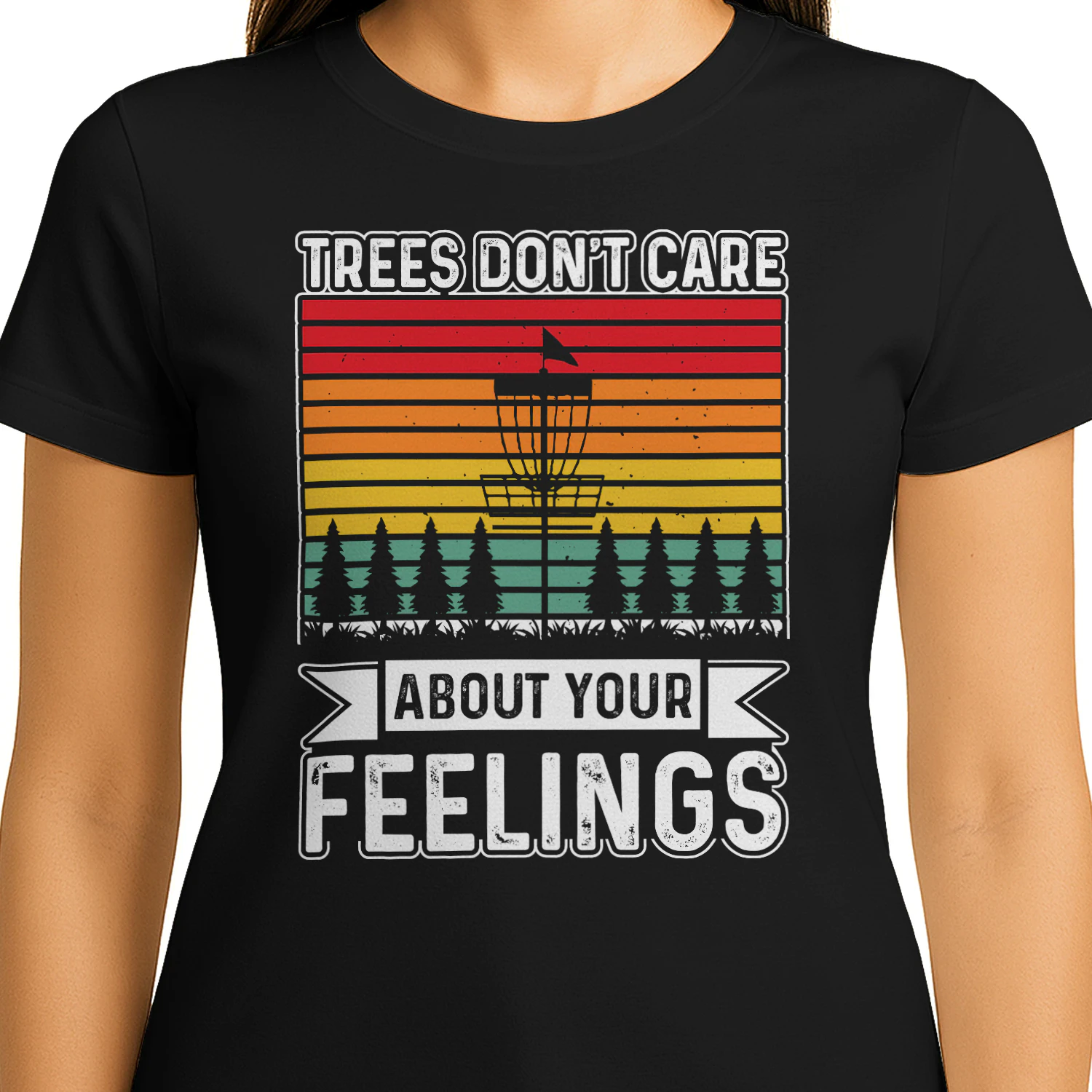 Trees Don't Care About Your Feelings Funny Disc Golf Quote - Retro Sunset Basket Design