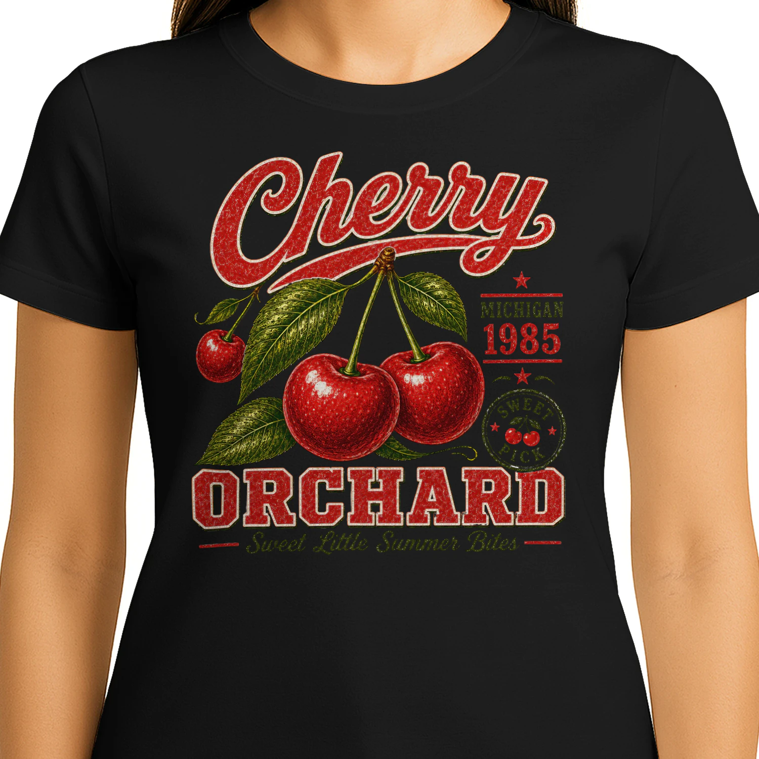 Cherry Orchard Michigan 1985 Vintage Fruit Graphic - Retro Summer Design