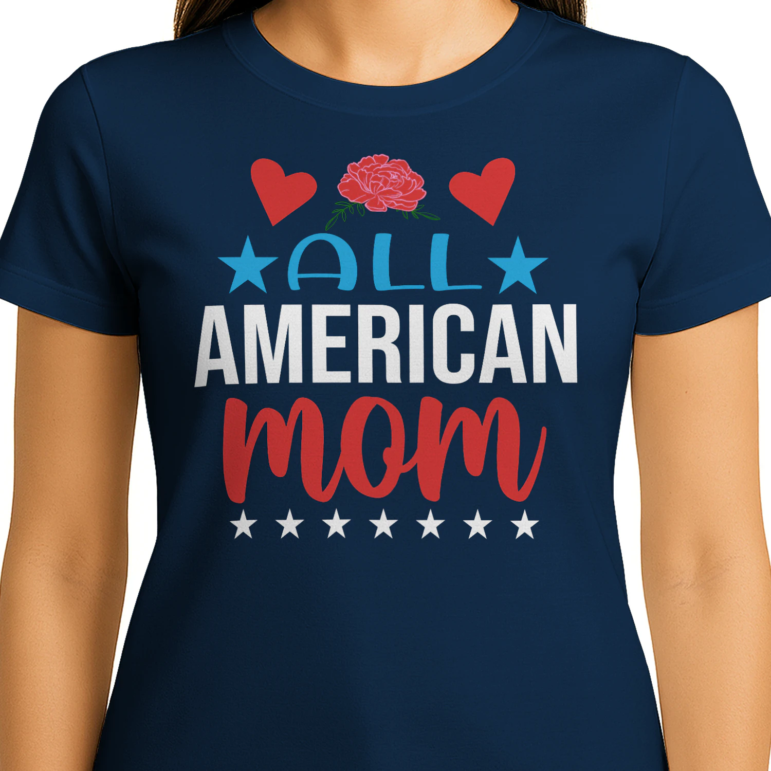 All American Mom Floral Hearts Stars - Patriotic 4th Of July Graphic