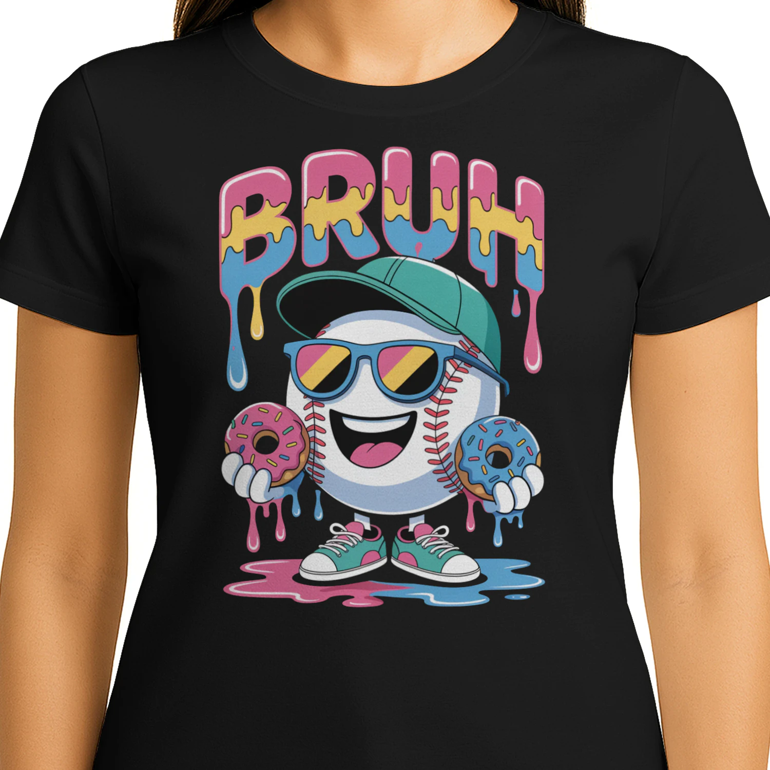 Bruh Cool Baseball Character With Donuts - Dripping Pastel Graffiti Graphic