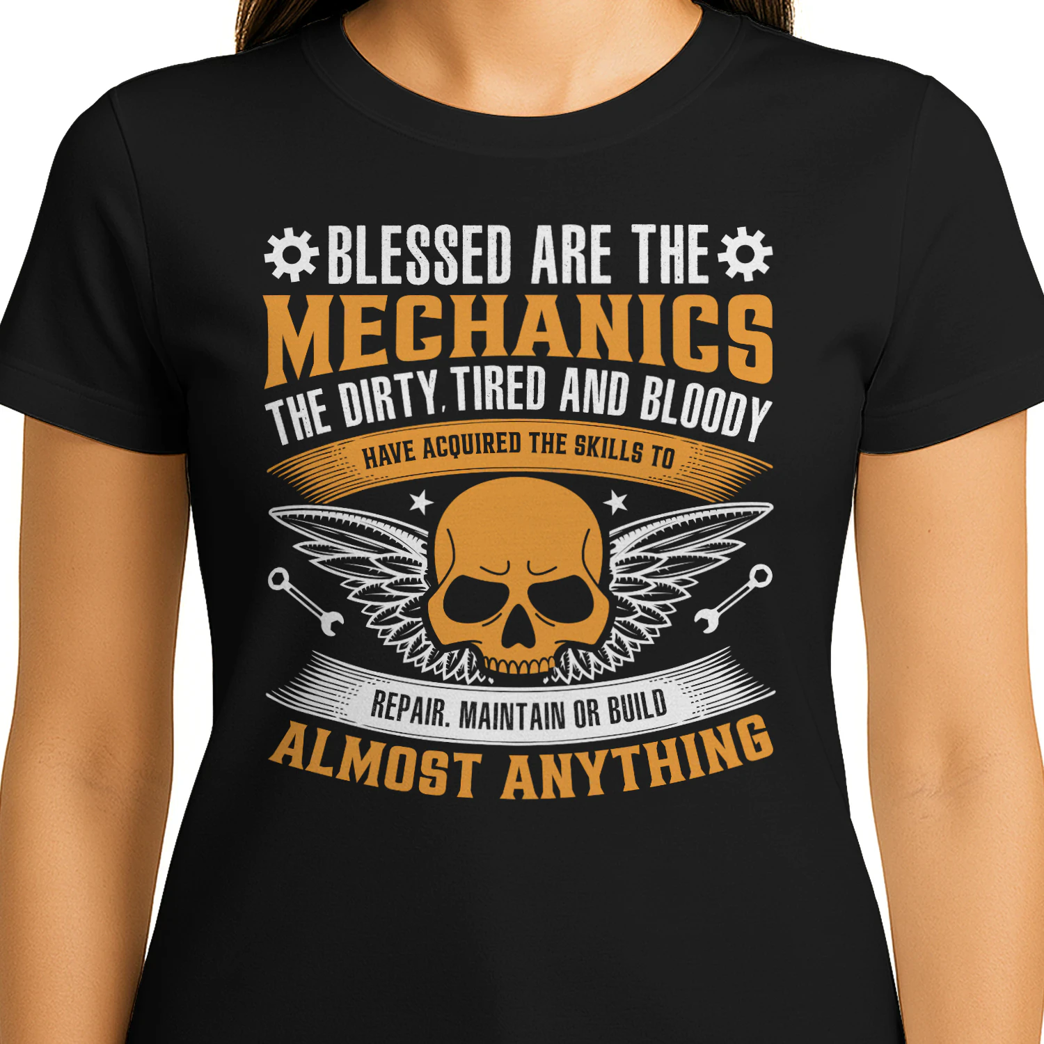 Blessed Are The Mechanics Skull Wings - Auto Repair Graphic