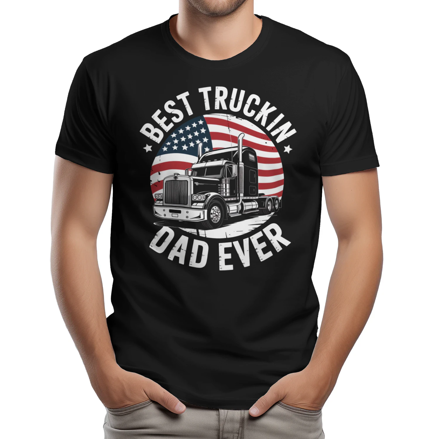 Best Truckin Dad Ever - Patriotic USA Flag Semi Big Rig Typography Graphic
