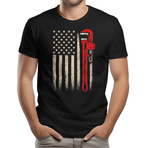 American Flag Red Pipe Wrench - Patriotic Plumber Blue Collar Tradesman Graphic