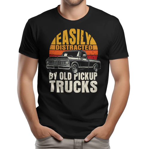 Easily Distracted By Old Pickup Trucks - Vintage Classic Sunset Typography Graphic