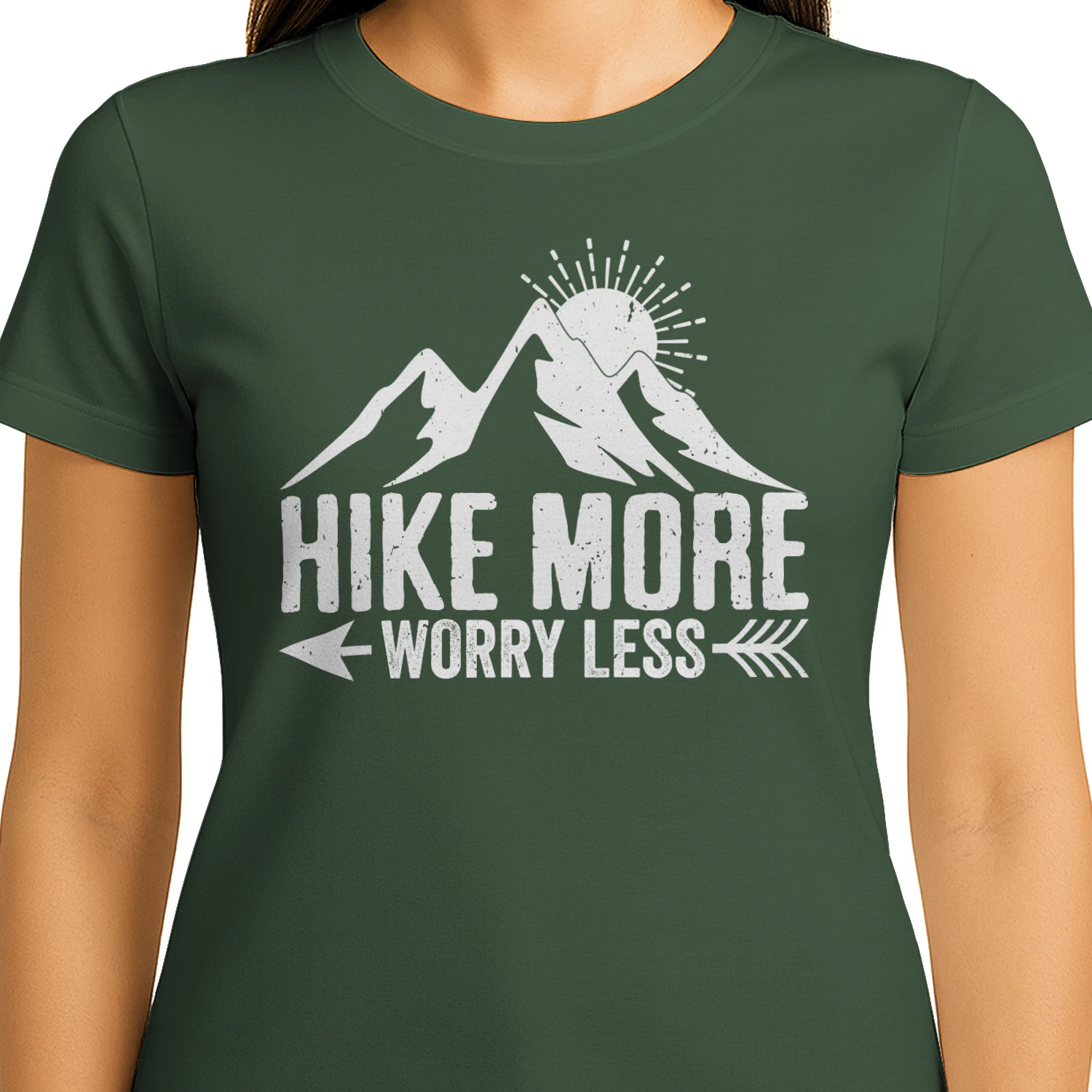 Hike More Worry Less Distressed Mountain - Outdoor Arrow Graphic