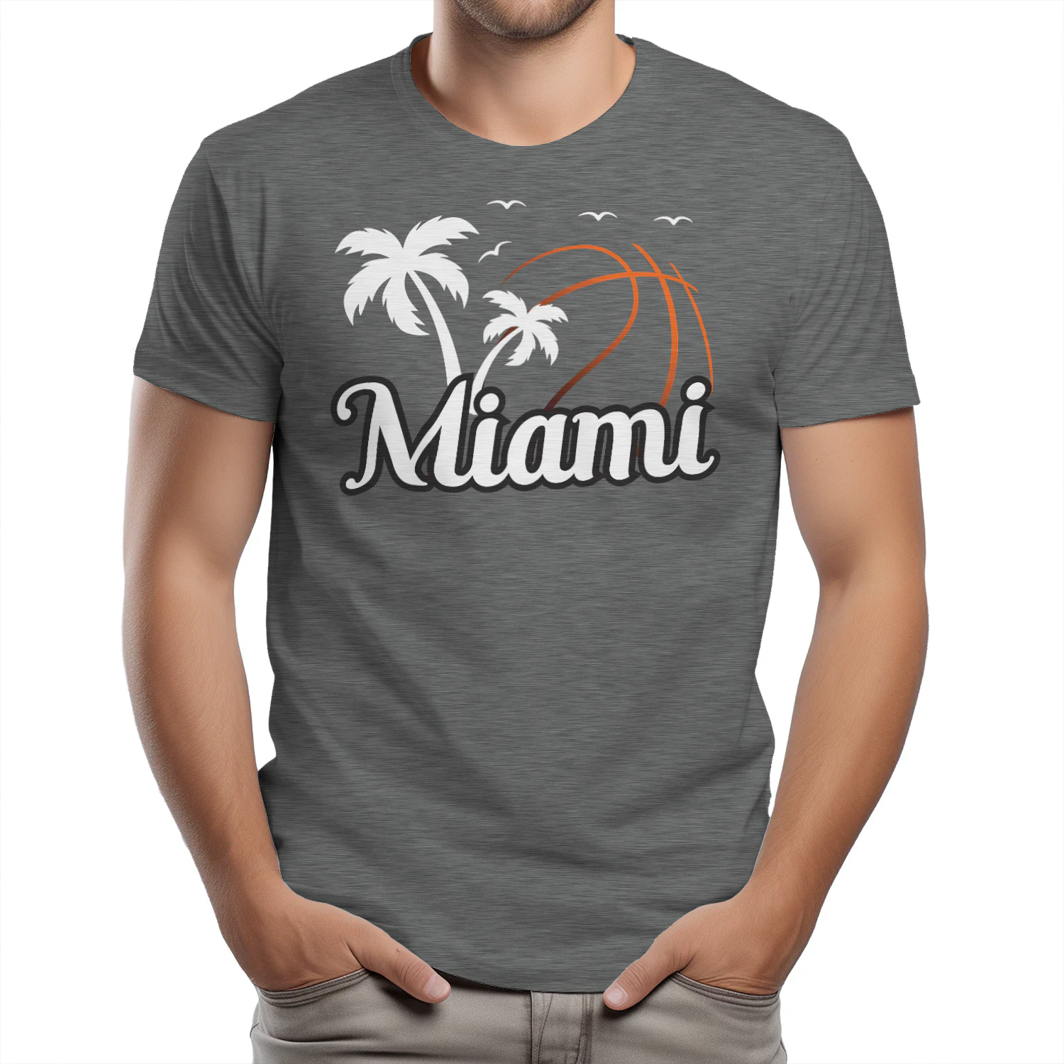 Miami Basketball - Retro Palm Tree Sunset Script Slogan Graphic