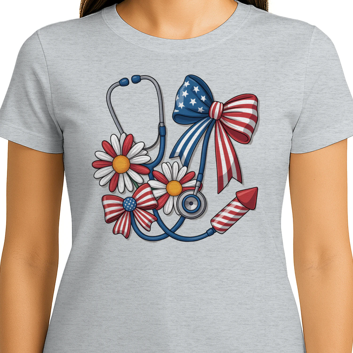 Patriotic Nurse Stethoscope American Flag Bow - 4th of July Graphic