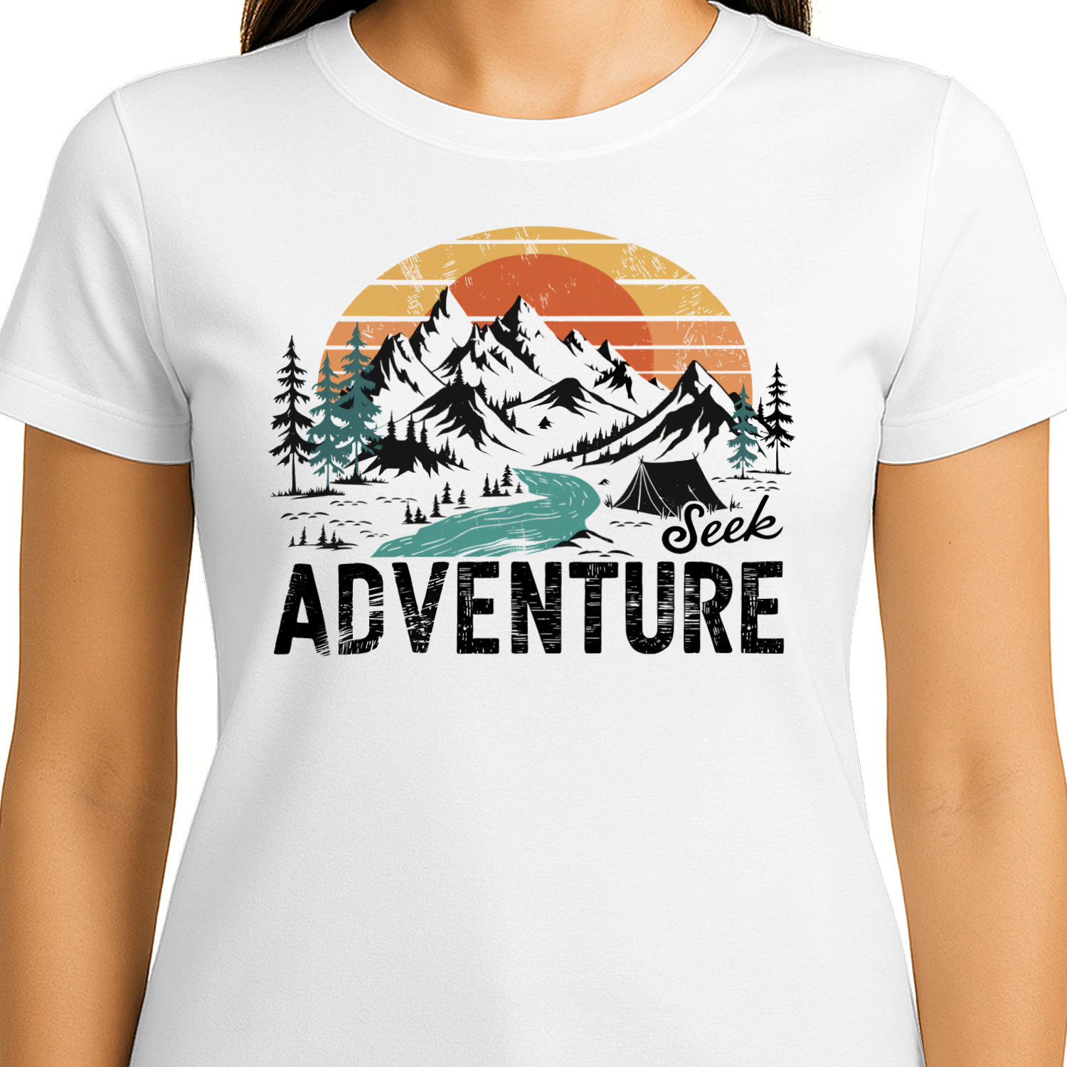 Seek Adventure Retro Sunset Mountain Hiking Camping Outdoor Design