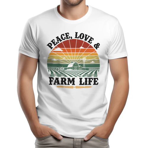 Peace Love Farm Life - Retro Sunset Landscape Agriculture Graphic