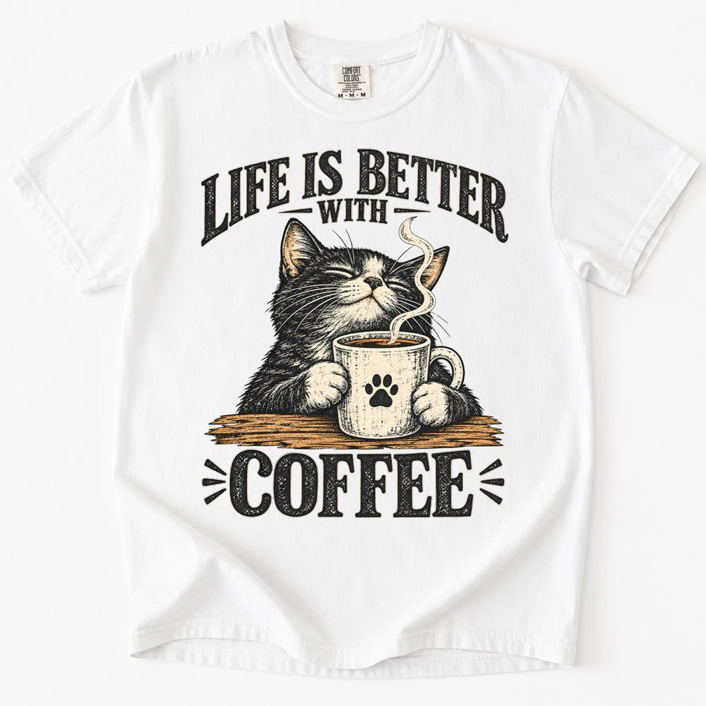 Life Is Better With Coffee Vintage Cat Lover T-Shirt