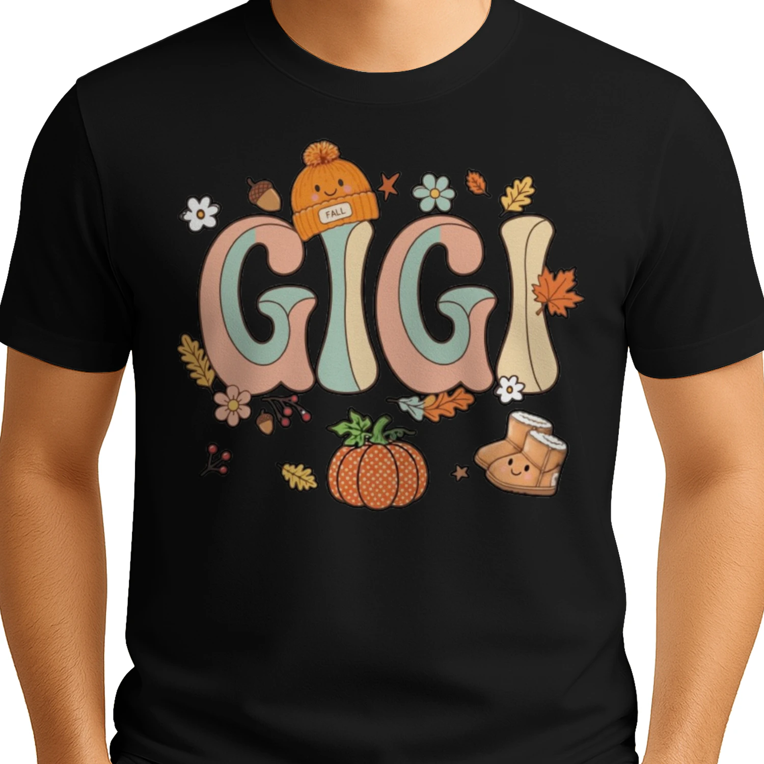 GIGI Autumn Fall Shirt for Grandma, Retro Groovy Boho Pumpkin & Boots Graphic Tee, Thanksgiving Gift