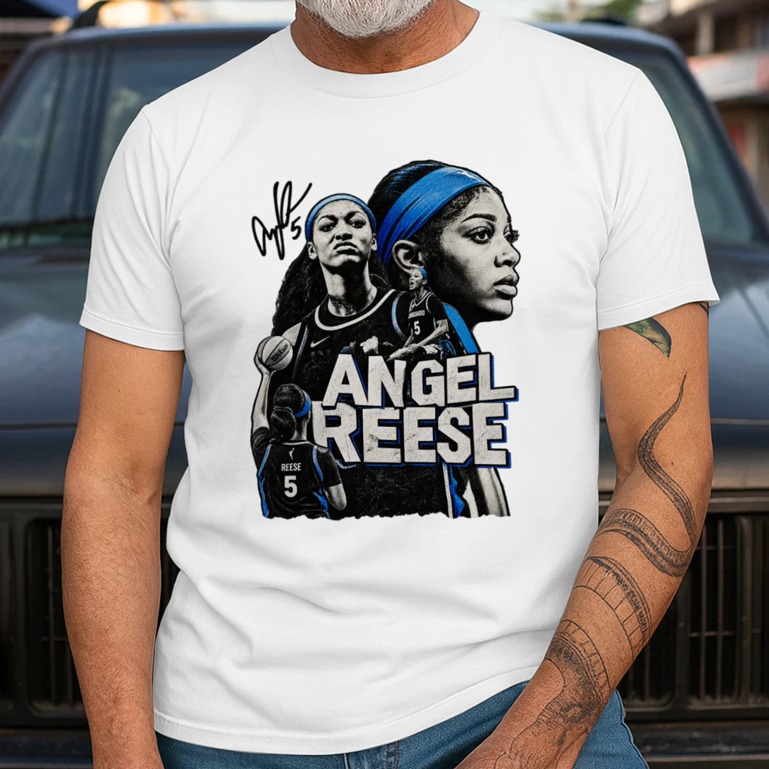 Angel Reese Blue Black Portrait Collage Tee