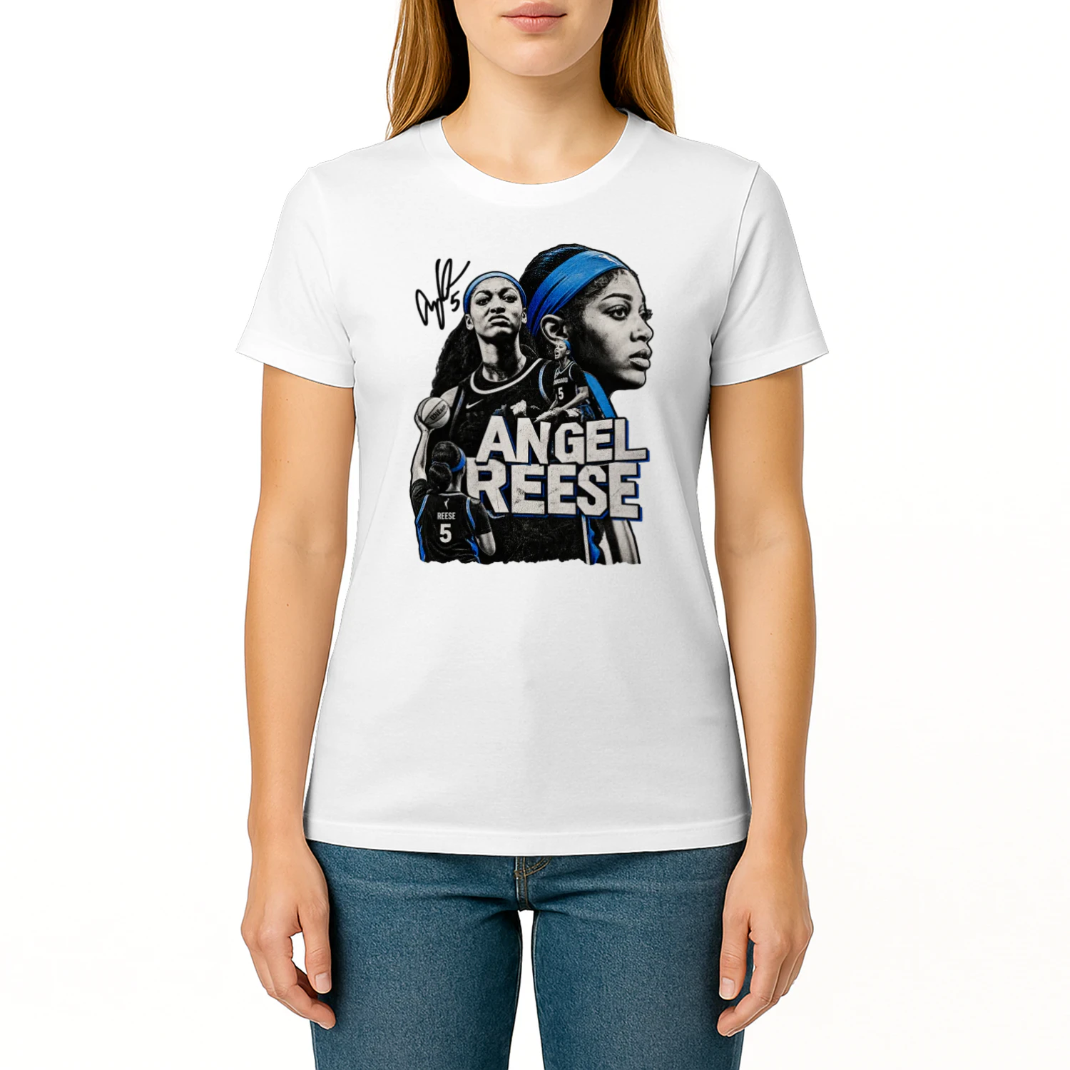 Angel Reese Blue Black Portrait Collage Tee