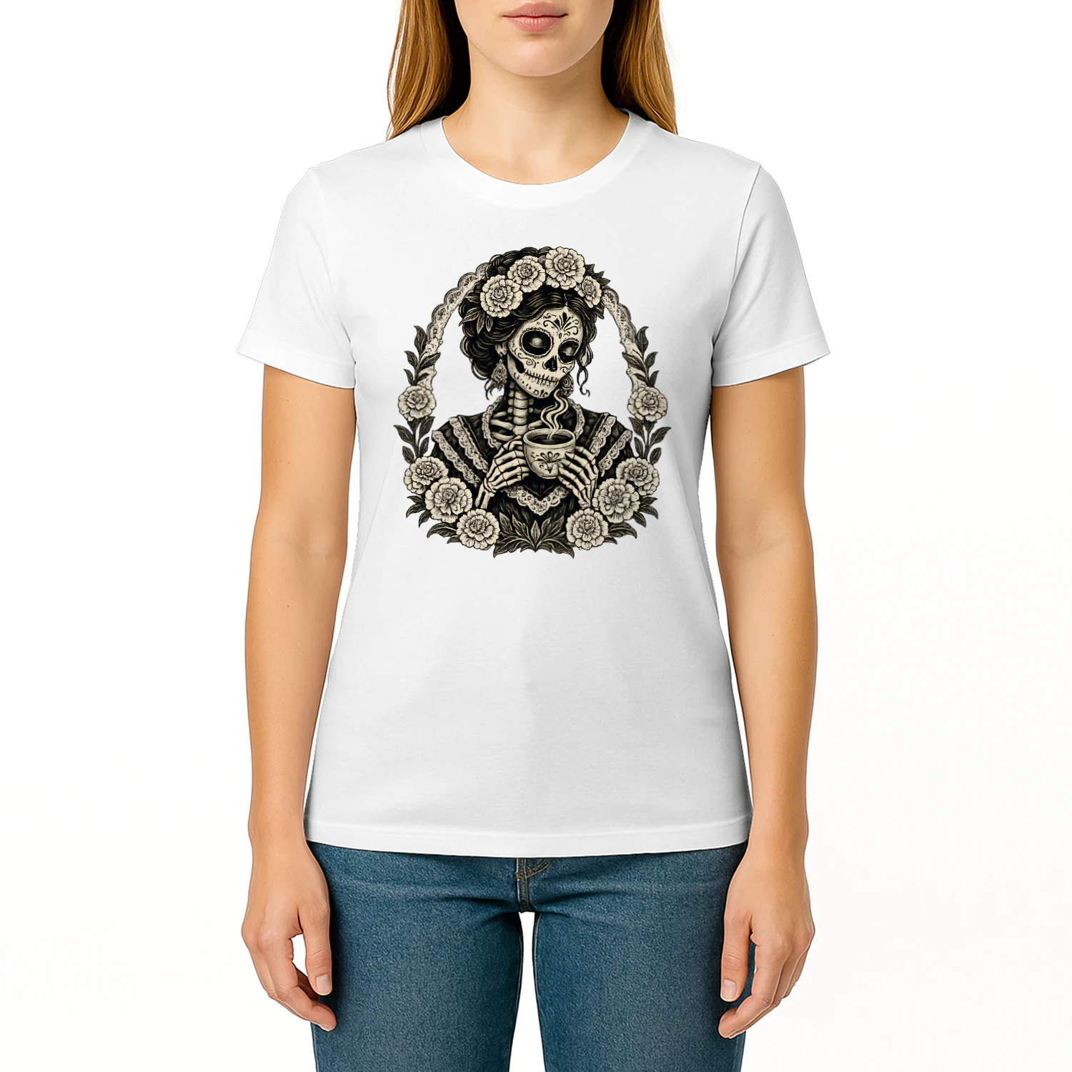 La catrina Gift La Catrina con Café  Design, Día de los Muertos Shirt Graphic, Mexican Coffee Art, Printable 