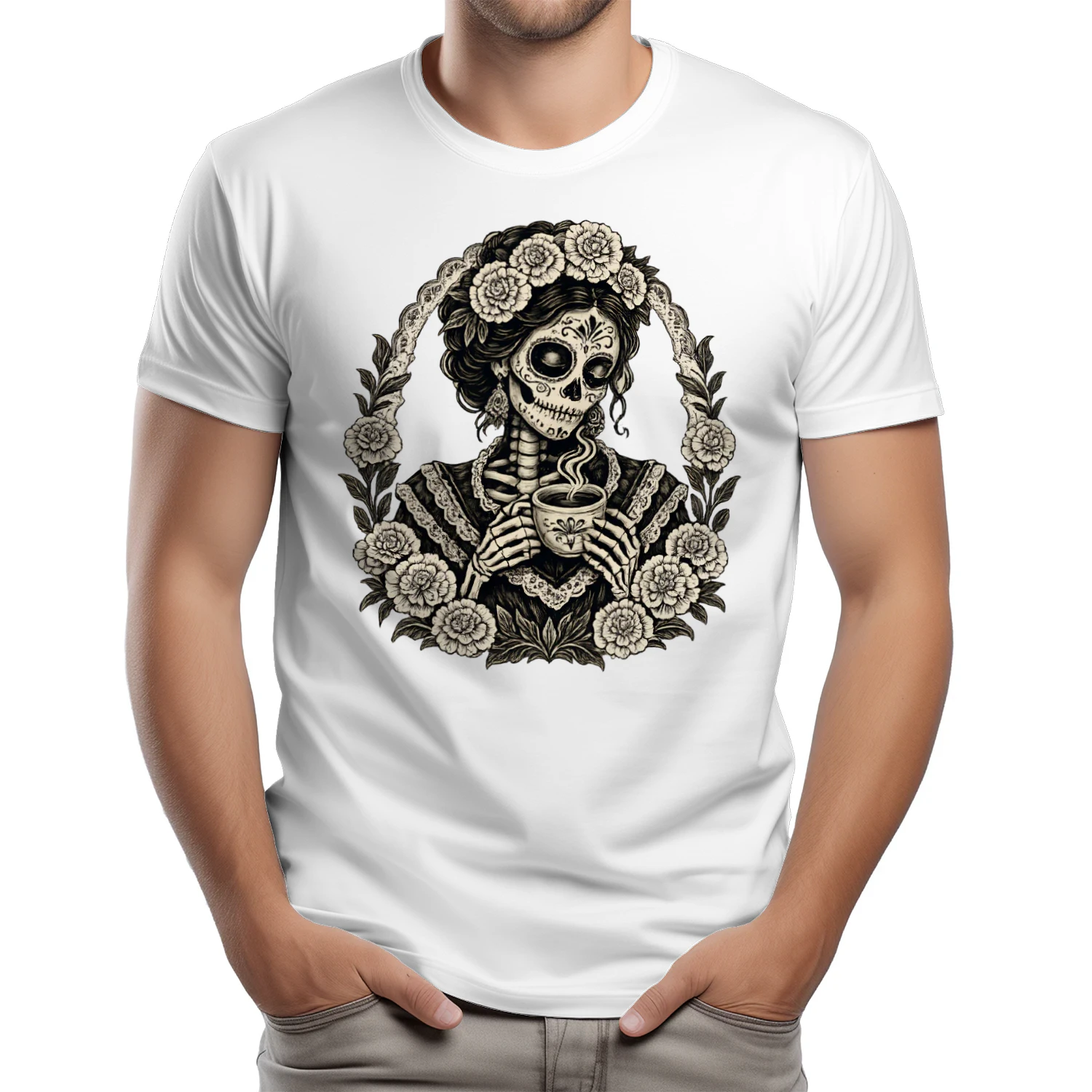 La catrina Gift La Catrina con Café  Design, Día de los Muertos Shirt Graphic, Mexican Coffee Art, Printable 