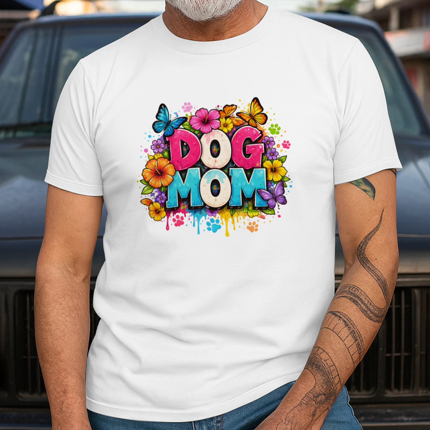Vibrant Dog Mom Shirt, Floral Butterfly Paw Print Classic Unisex T-shirt