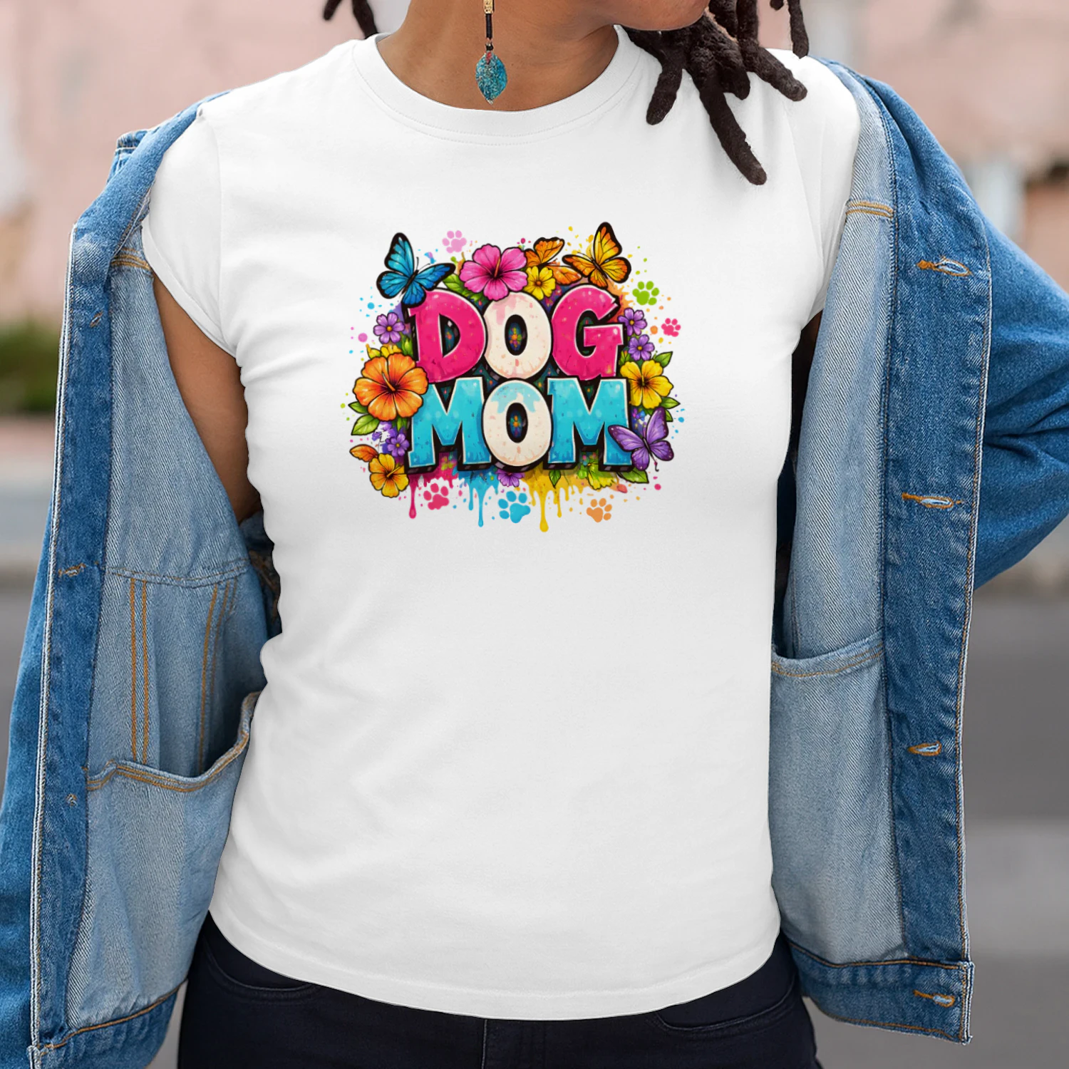 Vibrant Dog Mom Shirt, Floral Butterfly Paw Print Classic Unisex T-shirt