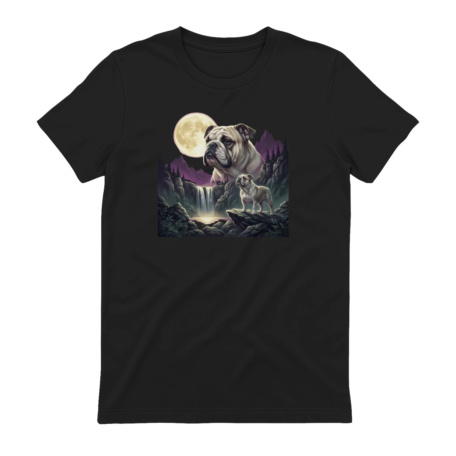 English Bulldog Moonlit Waterfall Shirt Mystical Dog Art Graphic Classic Unisex T-shirt