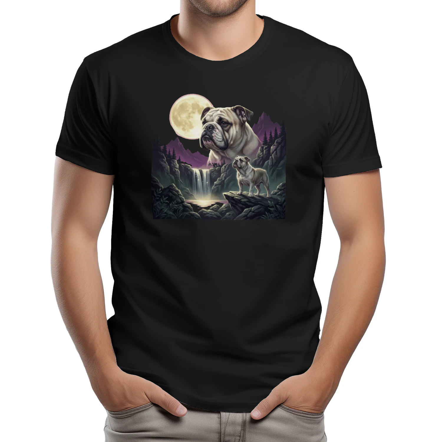 English Bulldog Moonlit Waterfall Shirt Mystical Dog Art Graphic Classic Unisex T-shirt