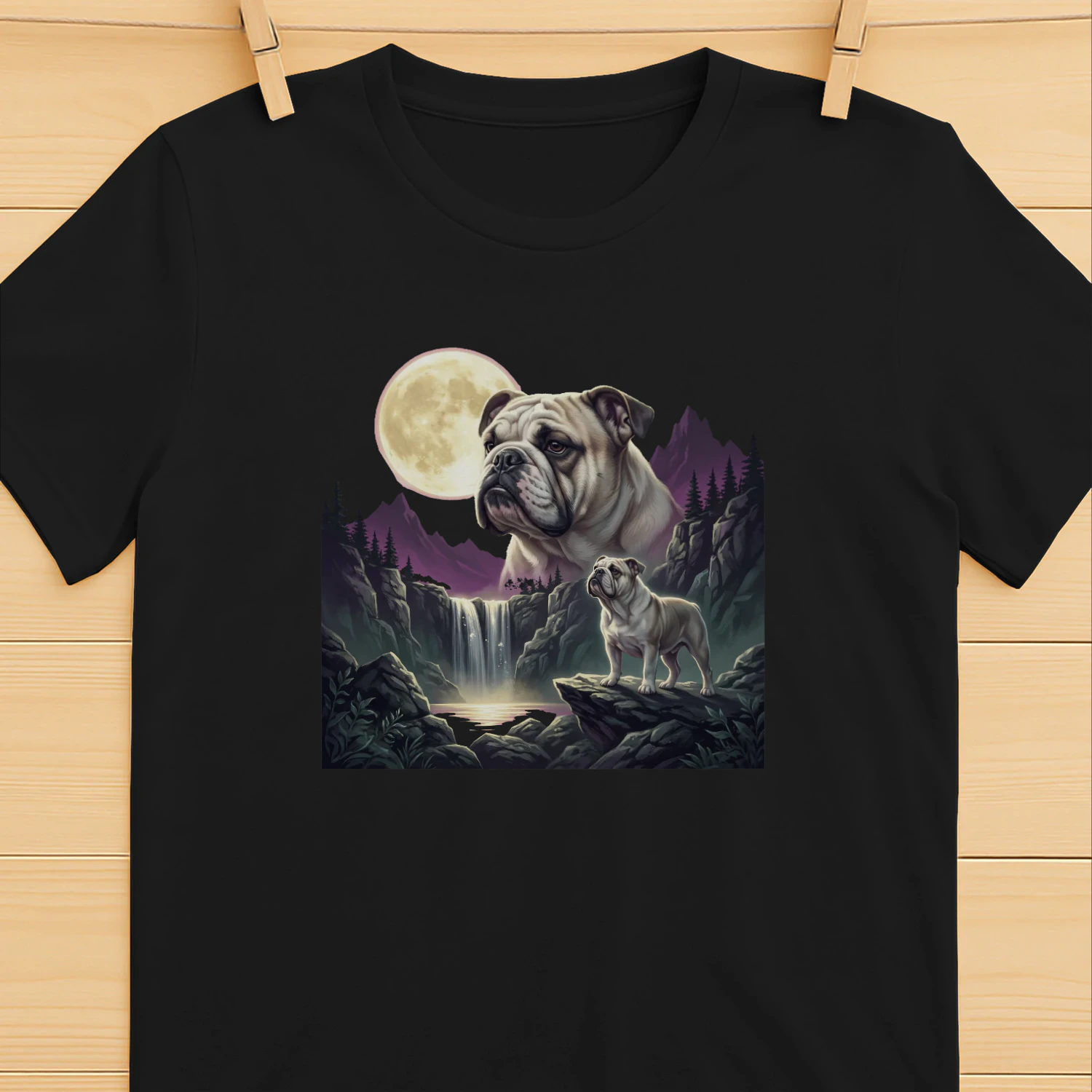 English Bulldog Moonlit Waterfall Shirt Mystical Dog Art Graphic Classic Unisex T-shirt