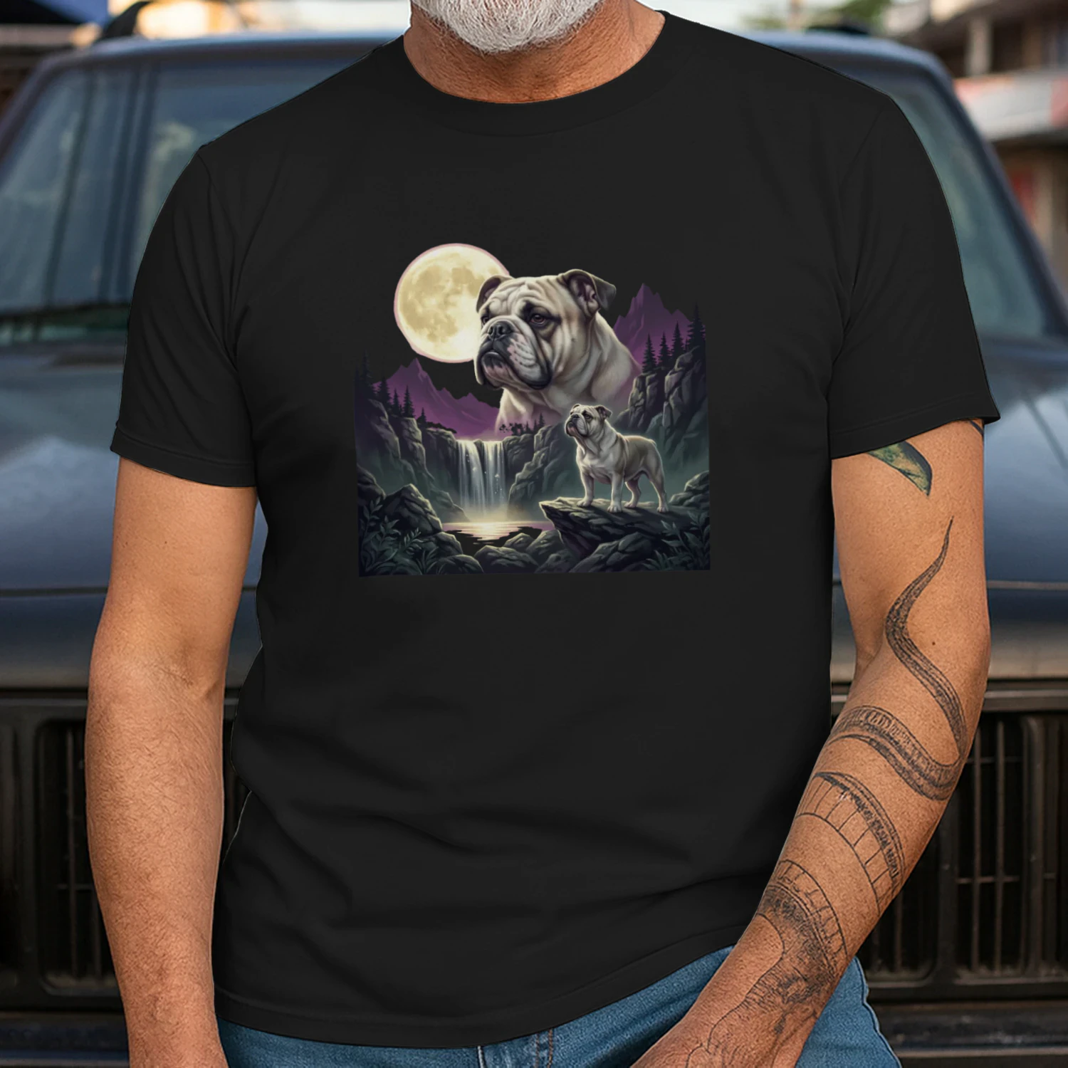 English Bulldog Moonlit Waterfall Shirt Mystical Dog Art Graphic Classic Unisex T-shirt