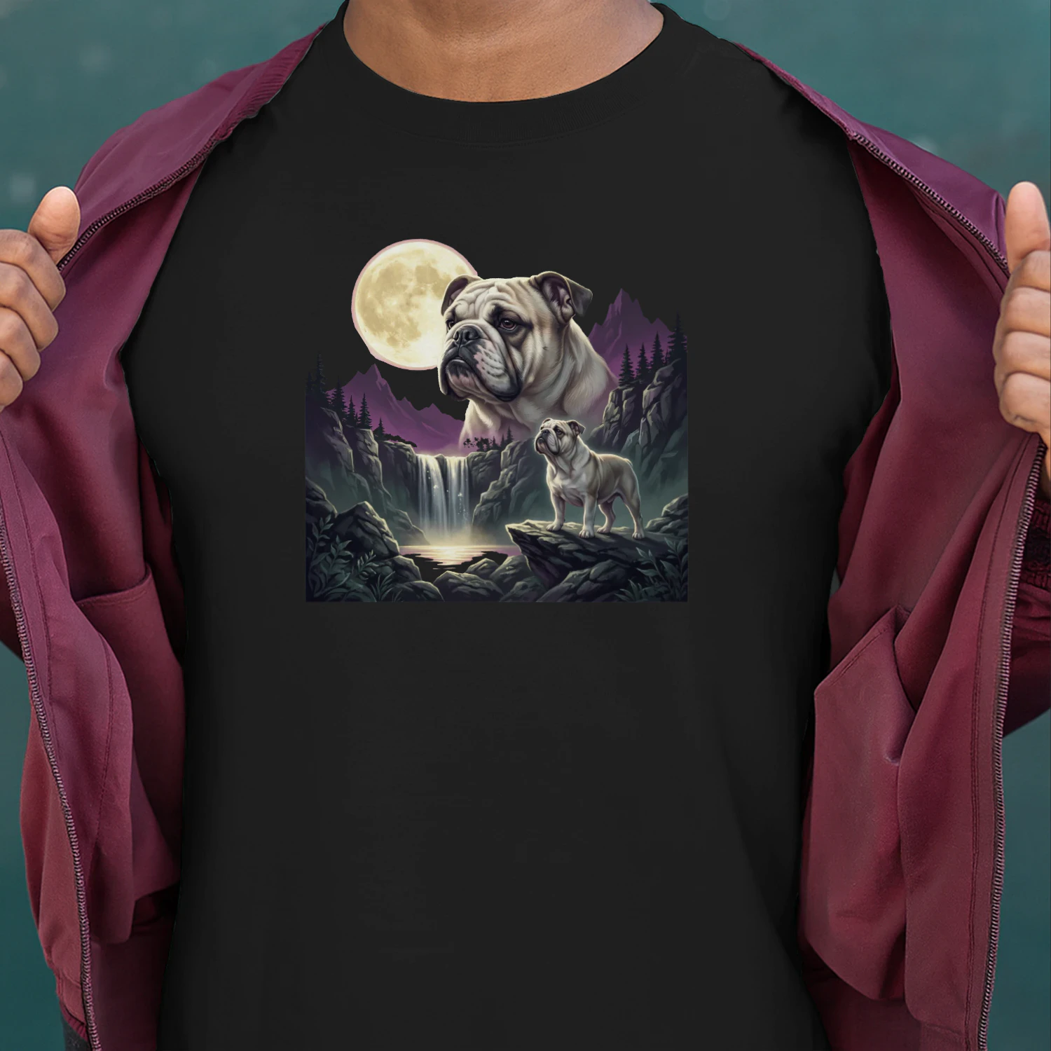 English Bulldog Moonlit Waterfall Shirt Mystical Dog Art Graphic Classic Unisex T-shirt