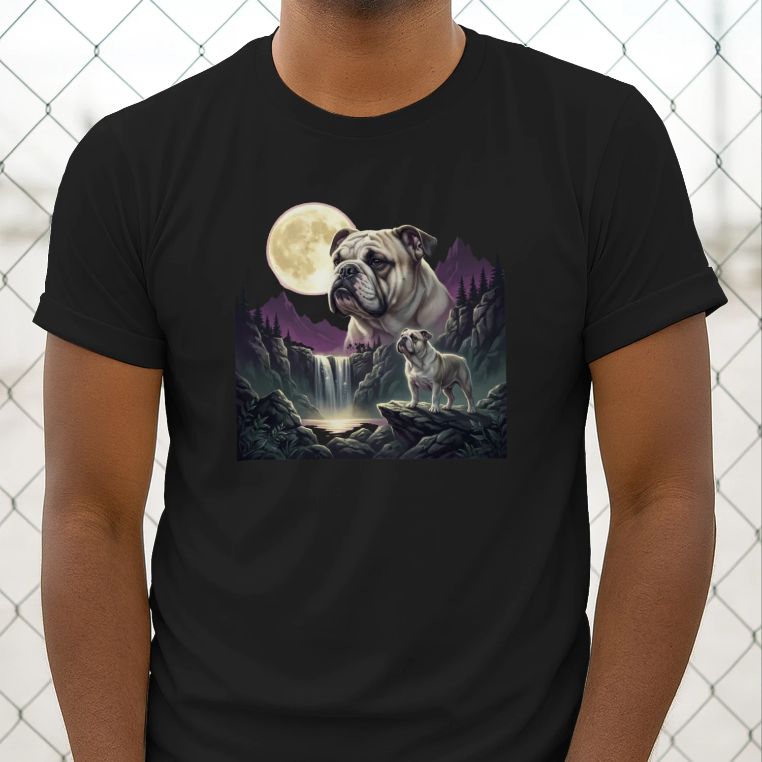 English Bulldog Moonlit Waterfall Shirt Mystical Dog Art Graphic Classic Unisex T-shirt