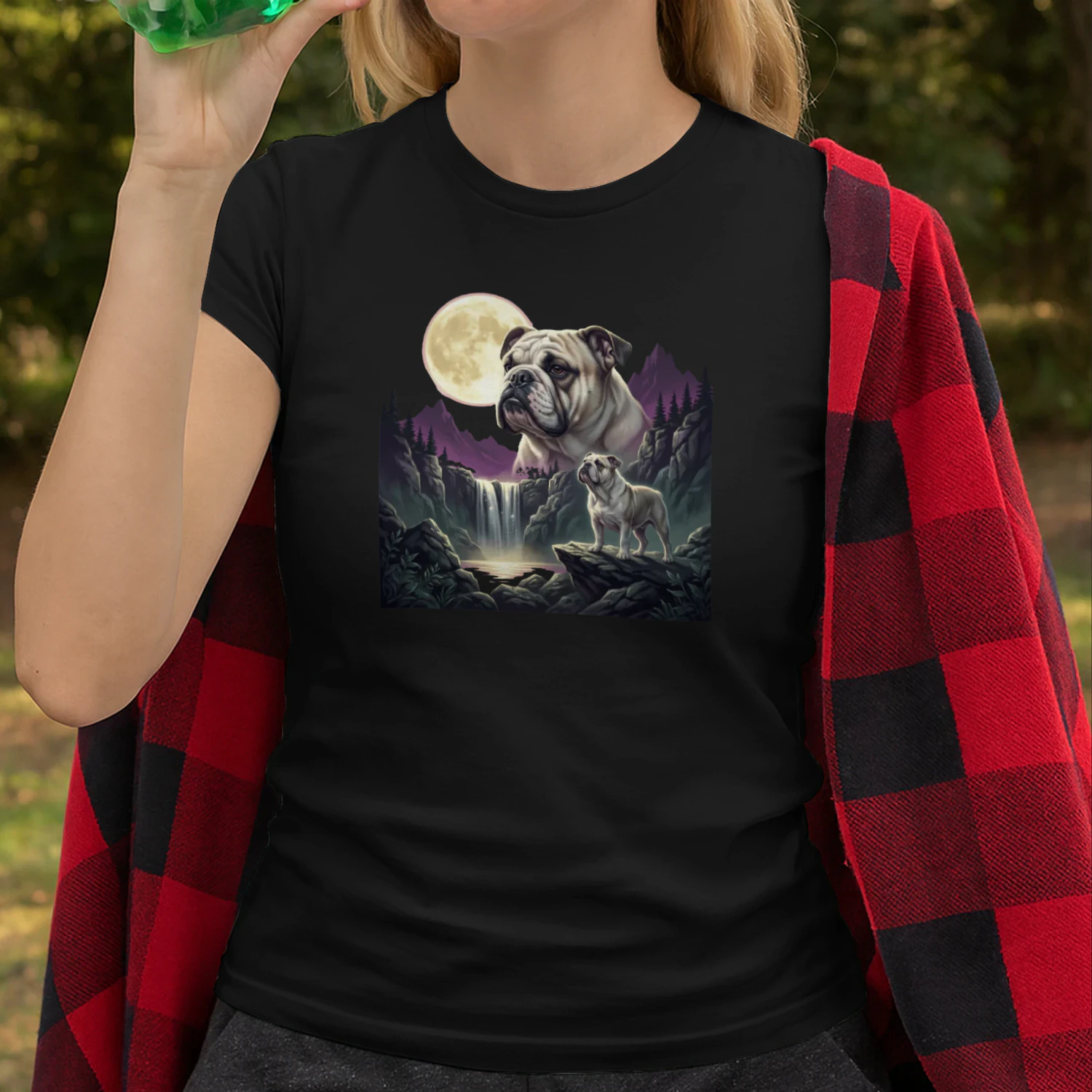 English Bulldog Moonlit Waterfall Shirt Mystical Dog Art Graphic Classic Unisex T-shirt