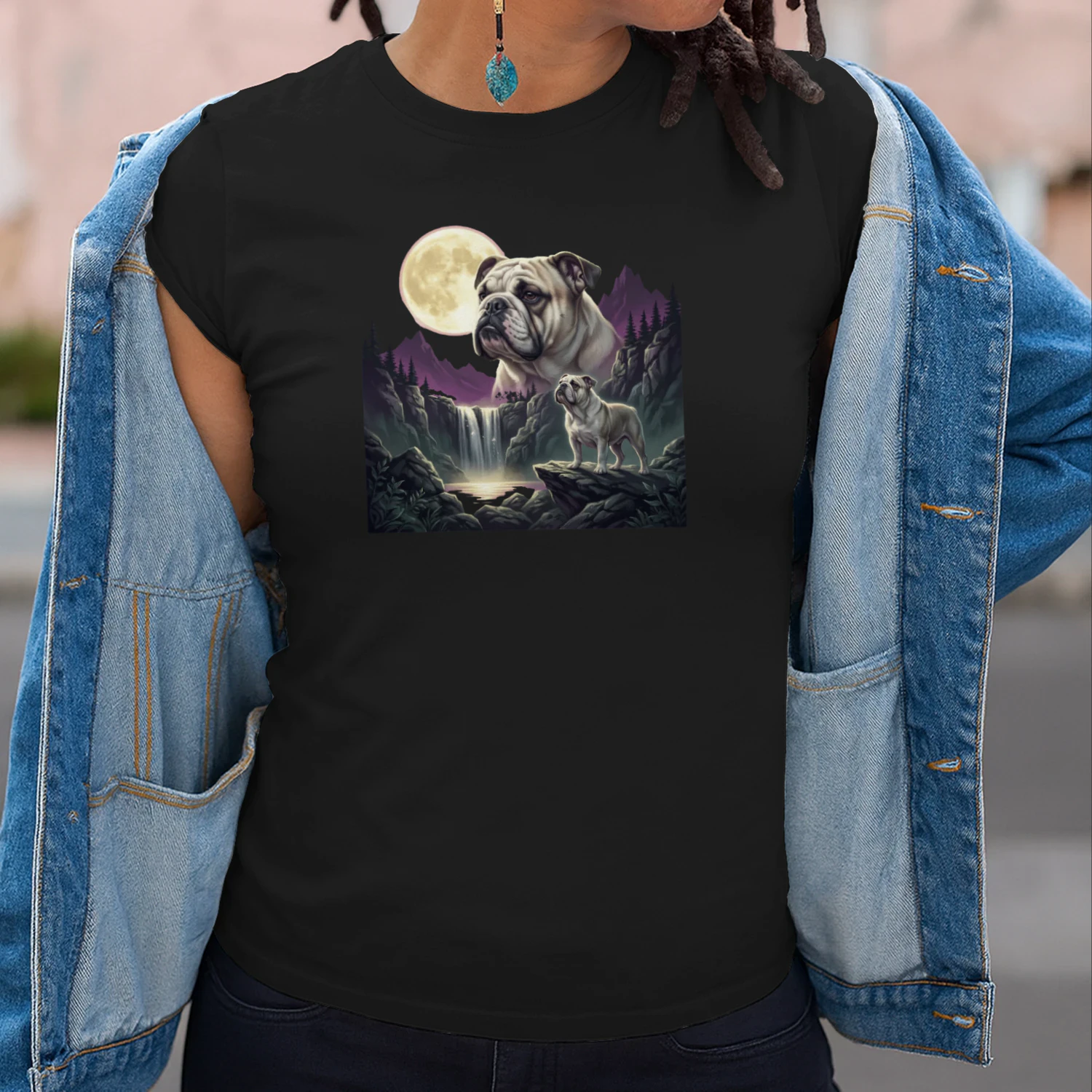 English Bulldog Moonlit Waterfall Shirt Mystical Dog Art Graphic Classic Unisex T-shirt