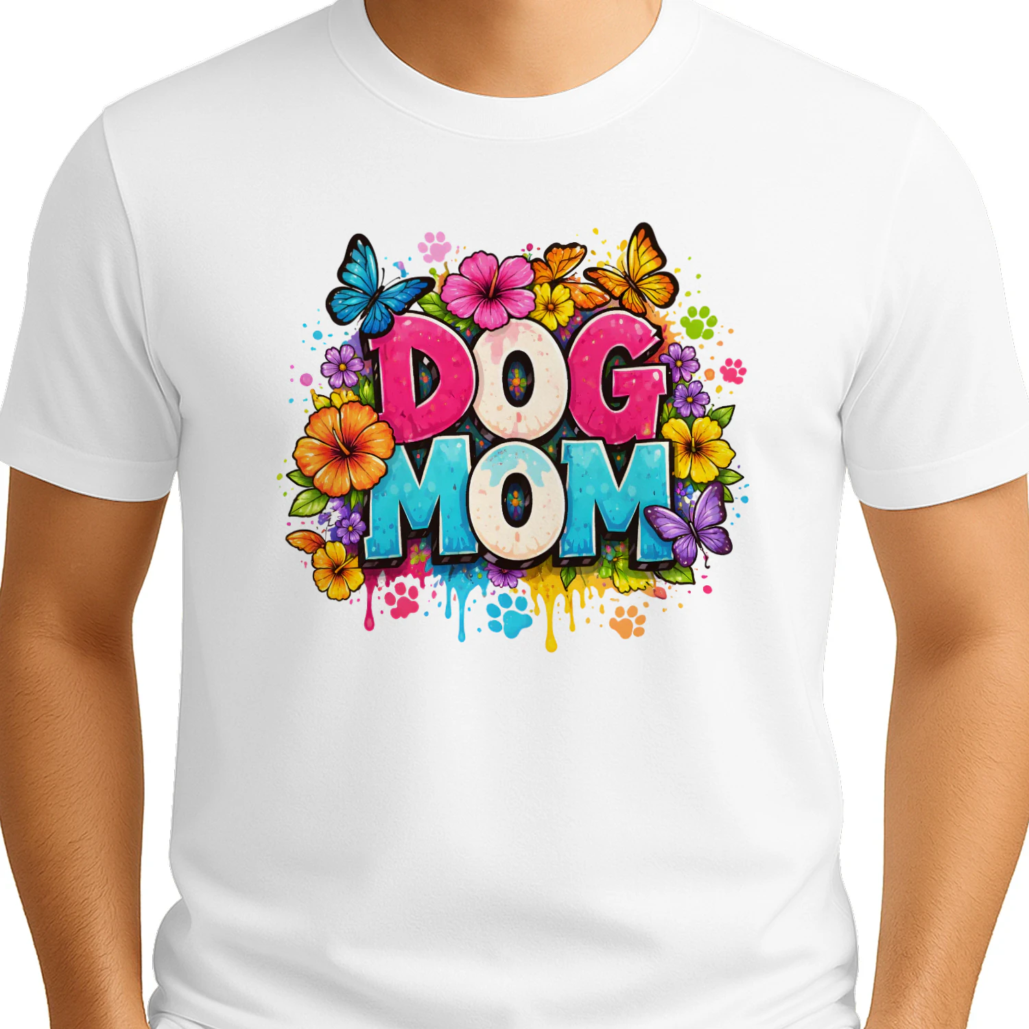 Vibrant Dog Mom Shirt, Floral Butterfly Paw Print Classic Unisex T-shirt