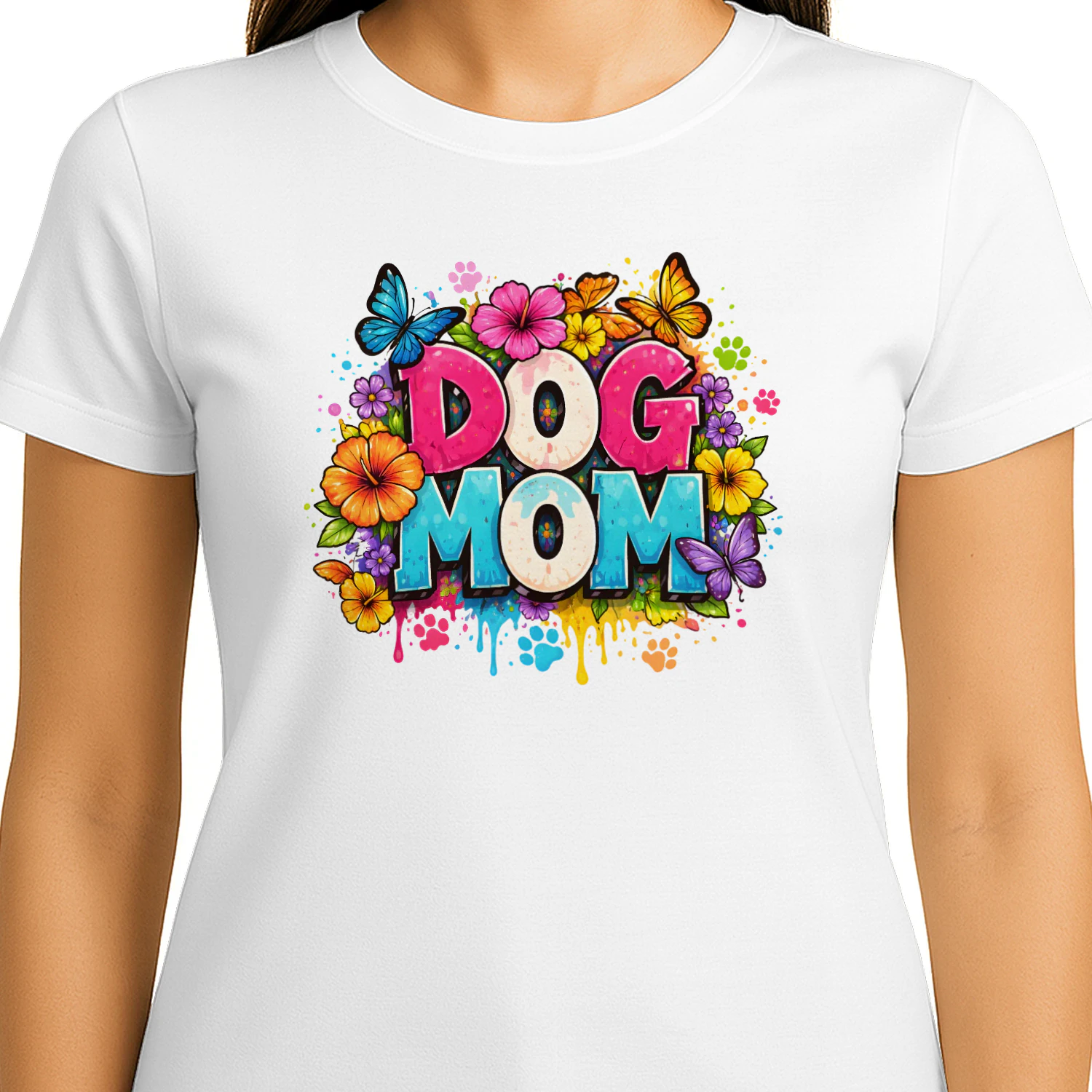 Vibrant Dog Mom Shirt, Floral Butterfly Paw Print Classic Unisex T-shirt