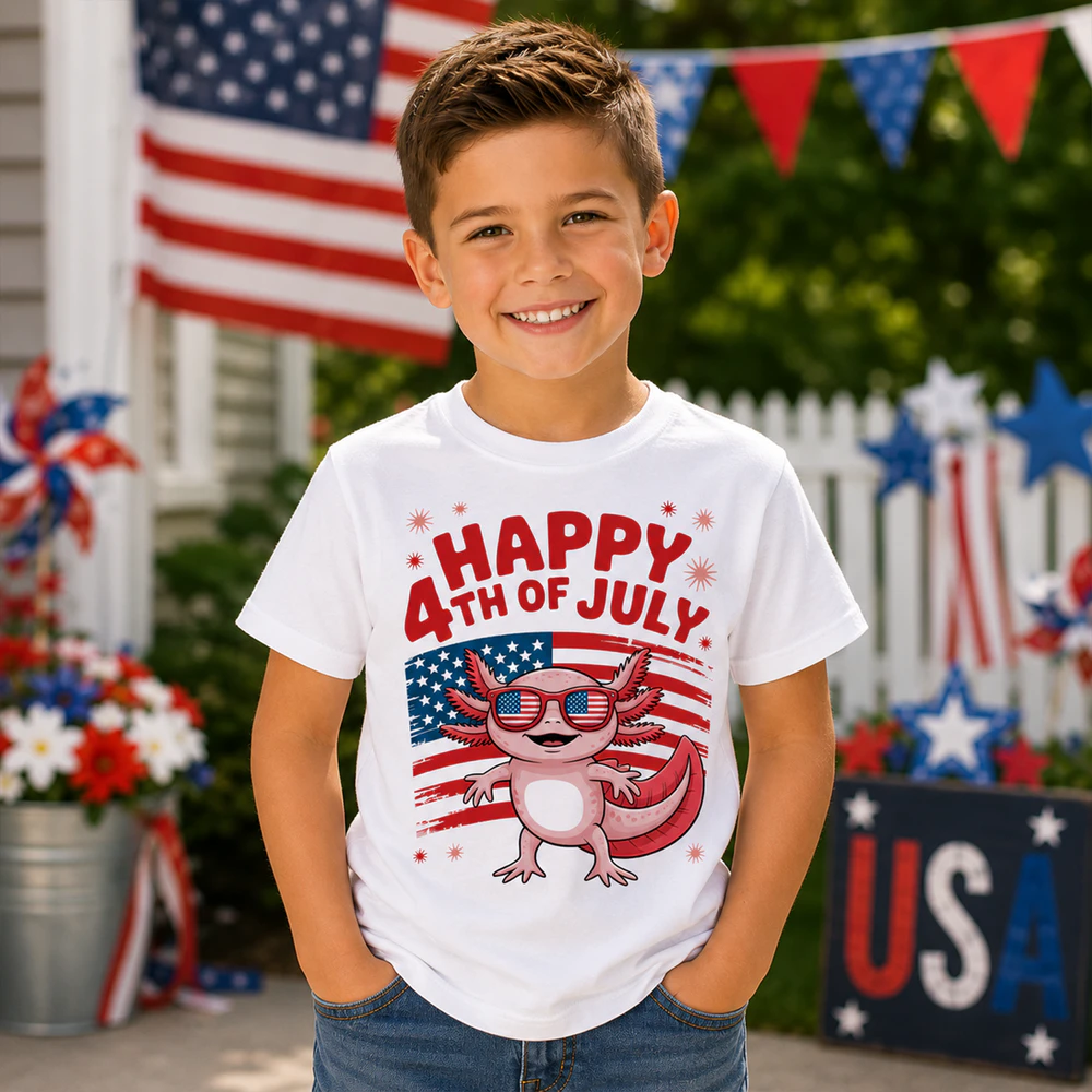 Cute Axolotl 4th of July Boy Shirt | Patriotic American Flag Kids T-Shirt | Funny Independence Day Tee for Boys | July 4th Fireworks Outfit