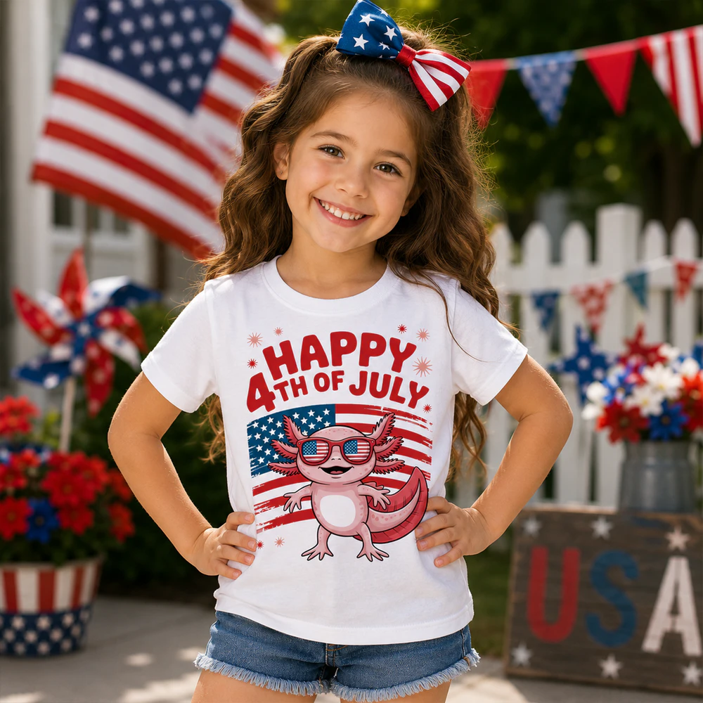 Cute Axolotl 4th of July Boy Shirt | Patriotic American Flag Kids T-Shirt | Funny Independence Day Tee for Boys | July 4th Fireworks Outfit