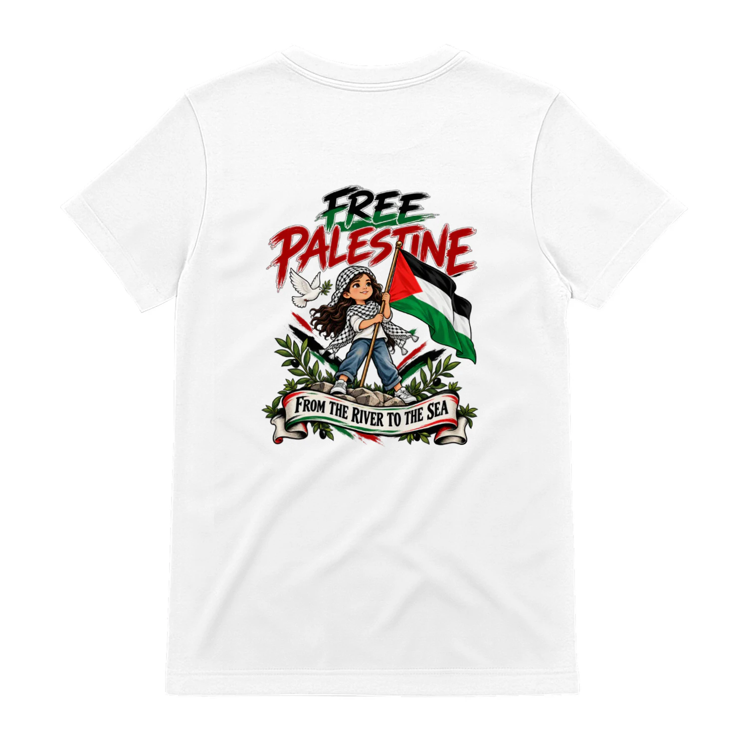Back design free palestine from the river to the sea.