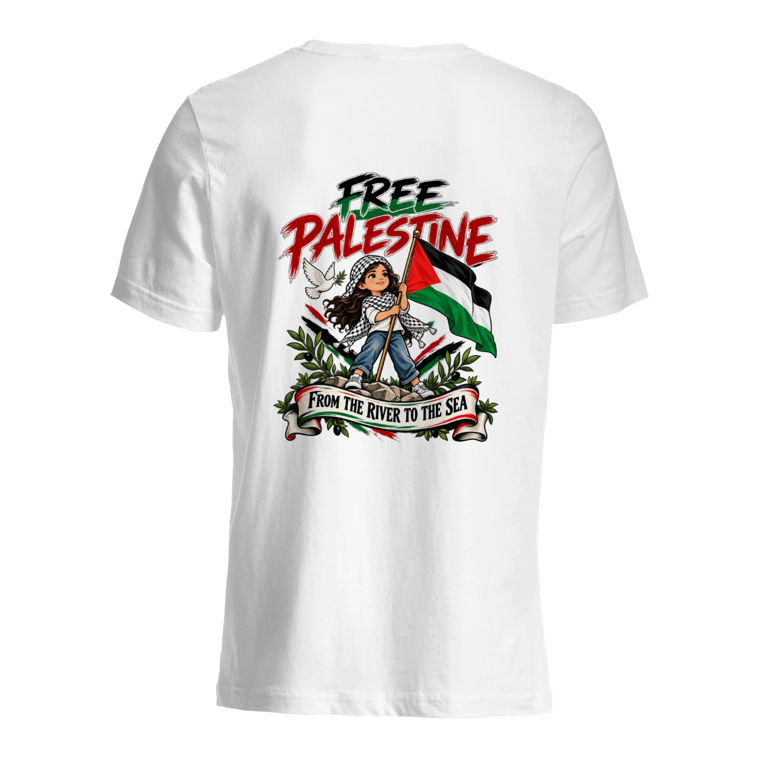 Back design free palestine from the river to the sea.