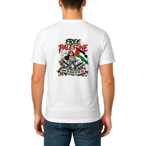 Back design free palestine from the river to the sea.