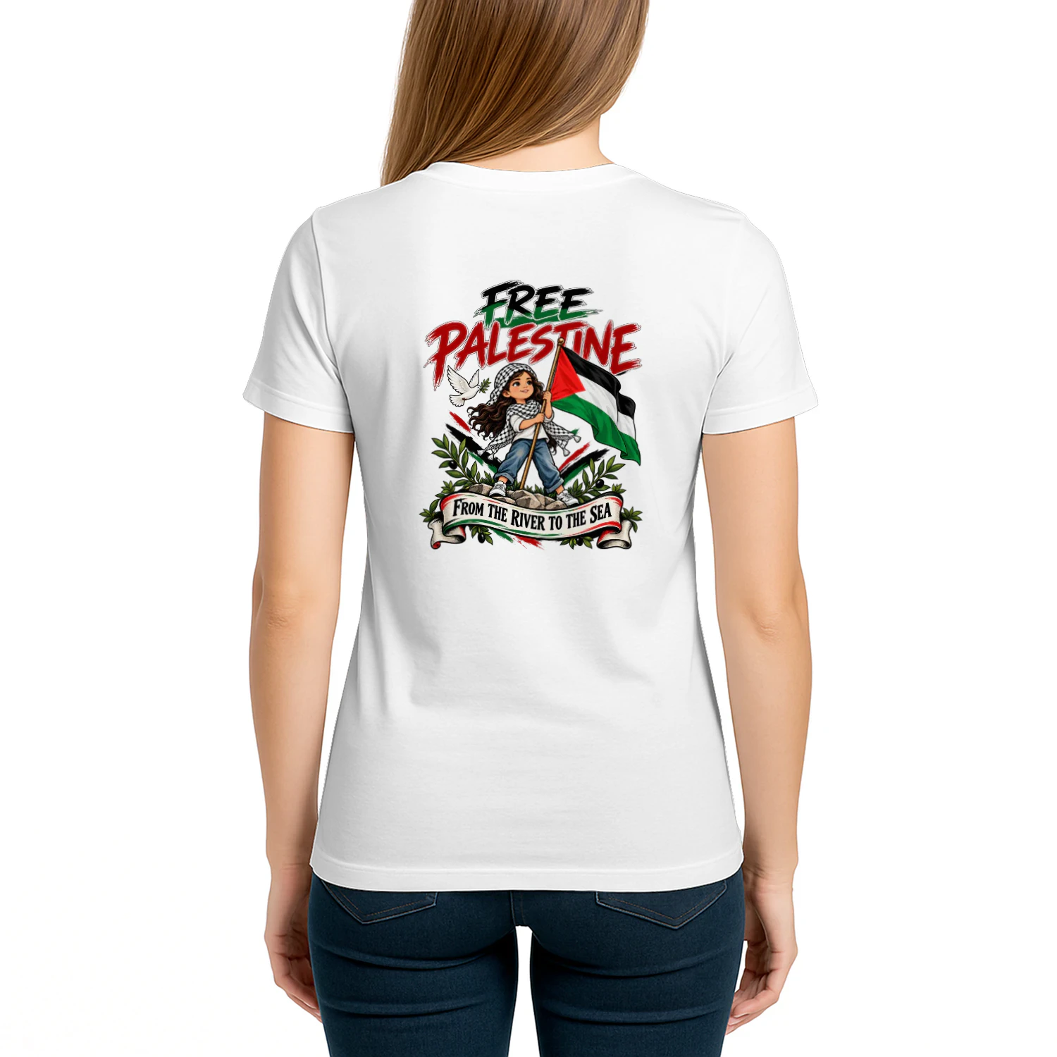 Back design free palestine from the river to the sea.