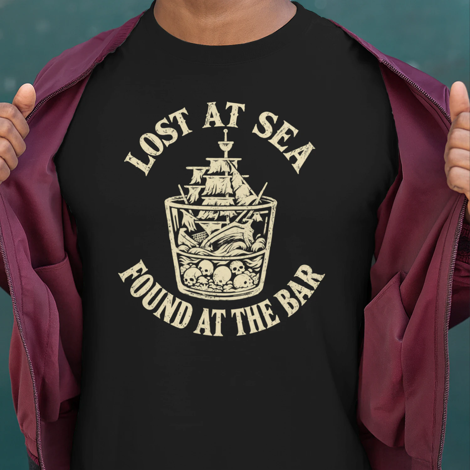 Lost at Sea Found at the Bar Funny Nautical T-Shirt, Boat Drinking Humor Graphic Tee