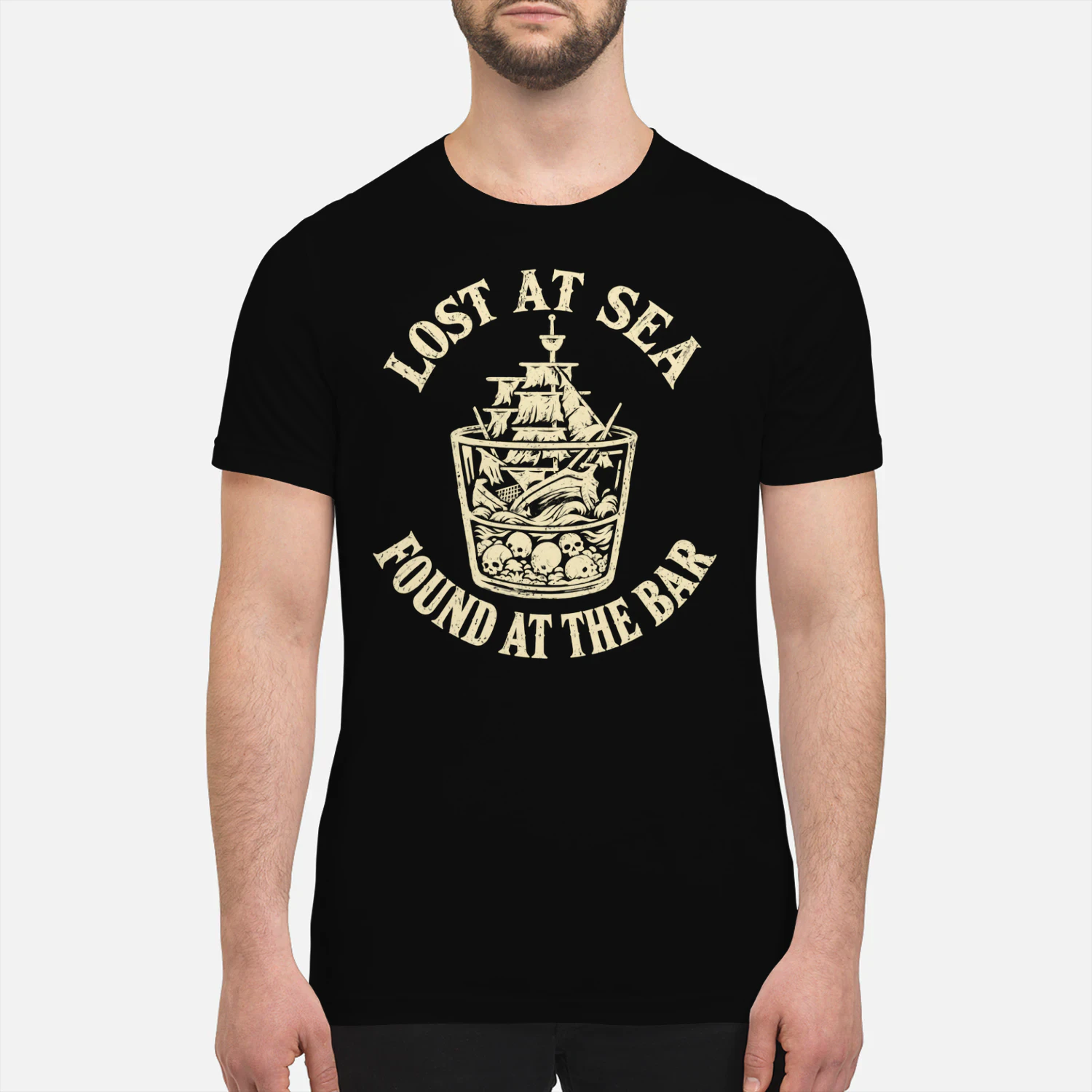 Lost at Sea Found at the Bar Funny Nautical T-Shirt, Boat Drinking Humor Graphic Tee