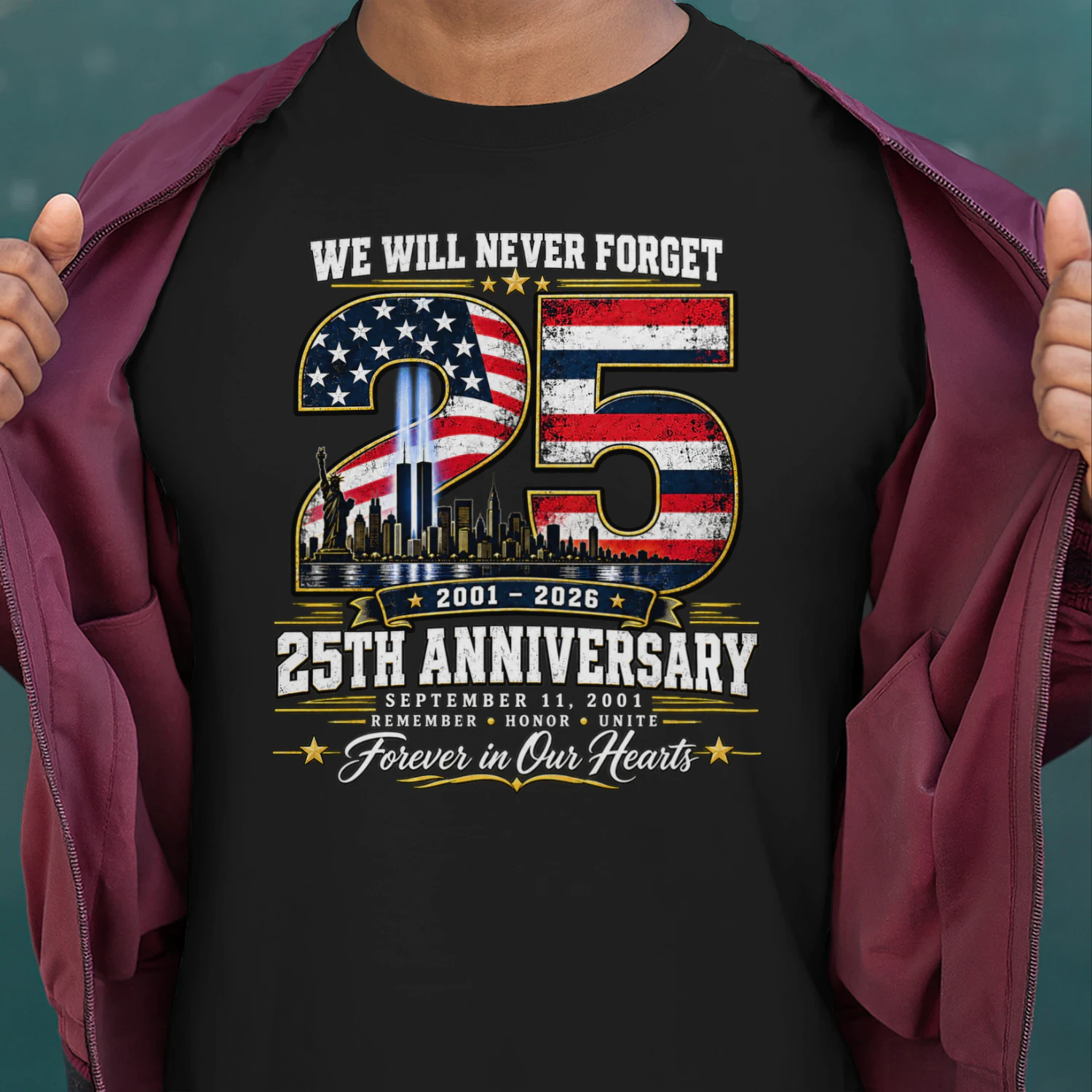 We Will Never Forget 25th Anniversary September 11 Memorial T-Shirt